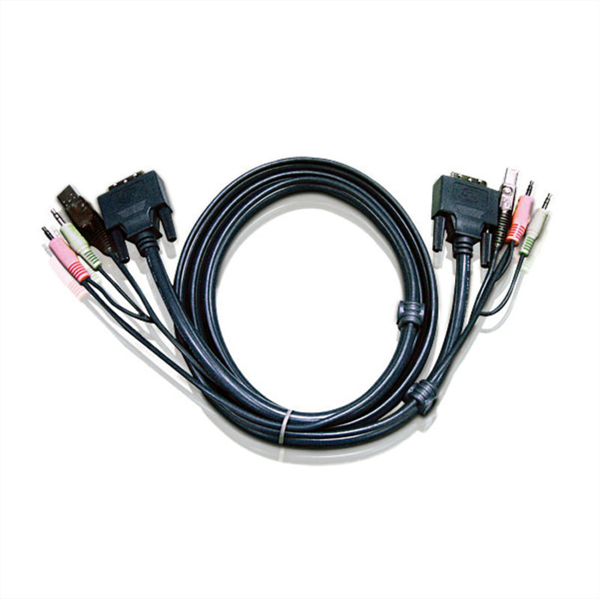 Cavo nero con connettori, tra cui VGA e jack audio, disposti a cerchio su sfondo bianco.