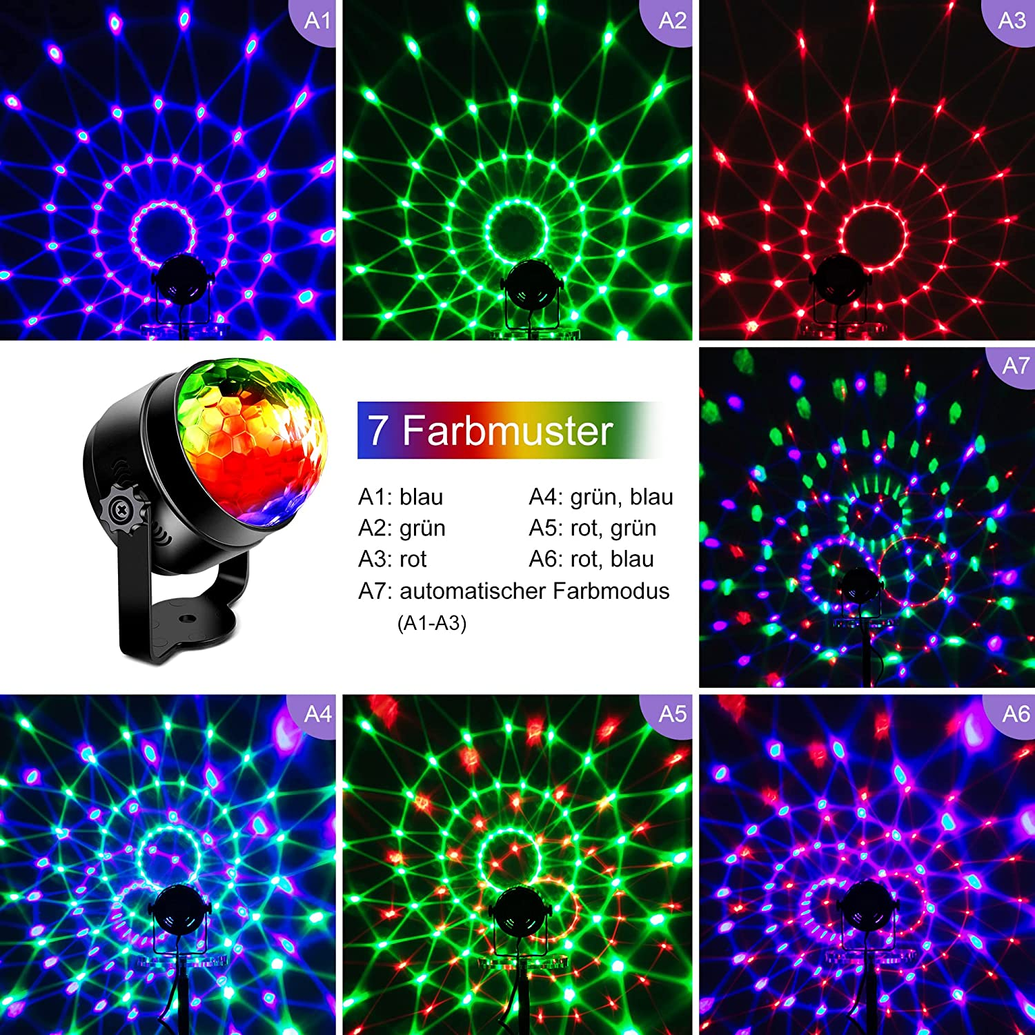 Eine Discokugel projiziert farbige Lichter: blaue, grüne und rote Muster. Eine Liste zeigt 7 Farbmodi, einschließlich Automatikmodus.