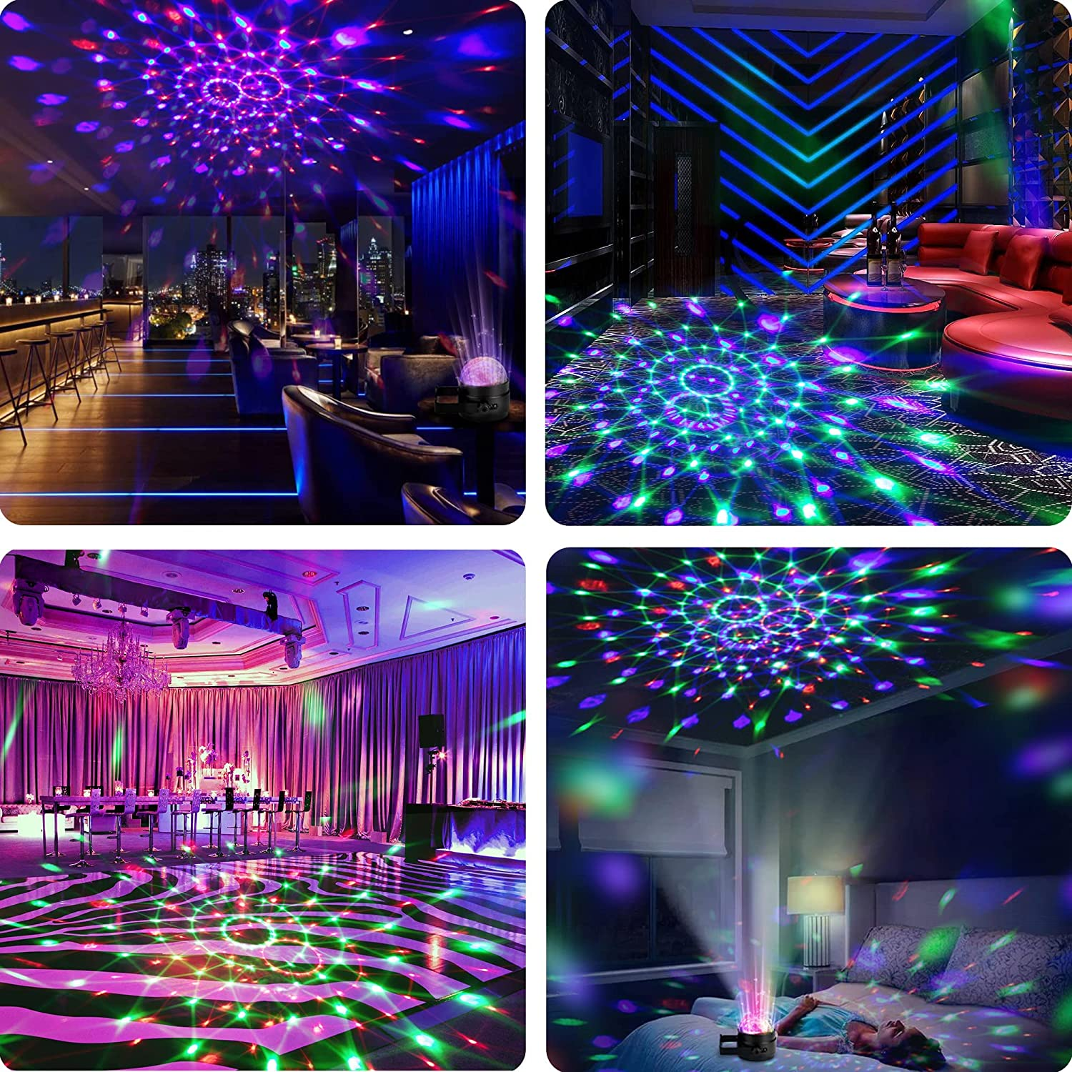 Bilder zeigen farbenfrohe Lichtspiele in verschiedenen Umgebungen: einer Bar, einer Lounge, einem Ballsaal und einem Schlafzimmer, alle mit Disco-Kugeleffekten.