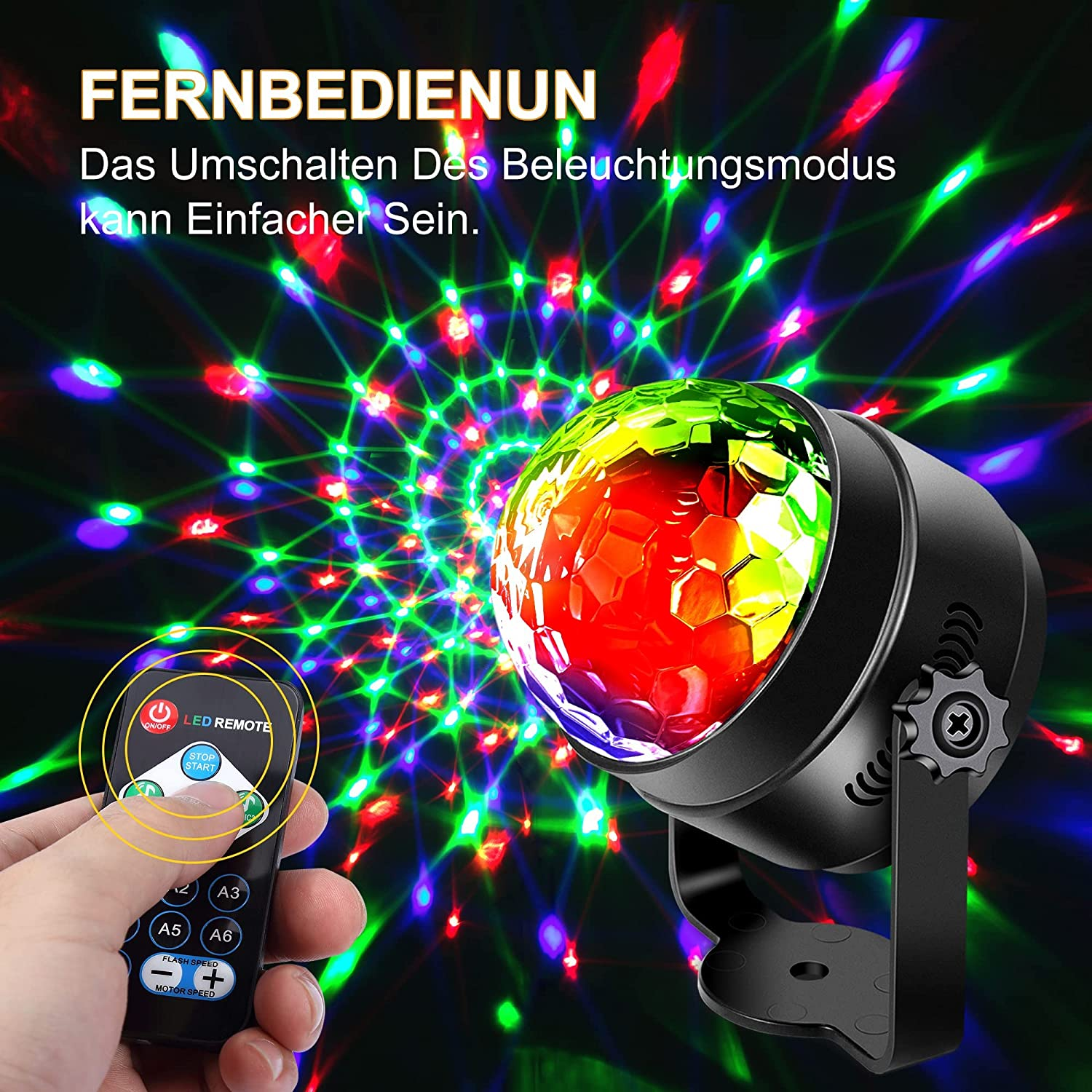 Eine Discokugel wirft farbenfrohe Lichter. Eine Hand hält eine Fernbedienung. Text auf Deutsch: 'Fernbedienung' und 'Einfach zu bedienen'.