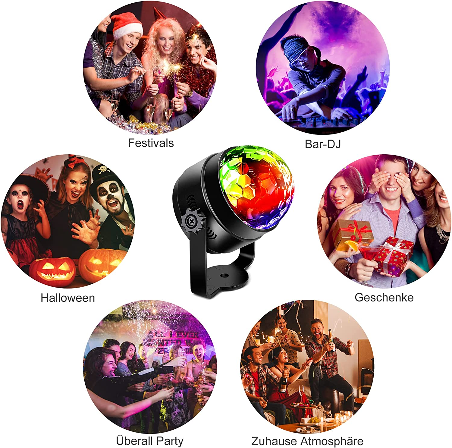 Eine Discokugel mit sechs Bildern darum: Festivals, Bar-DJ, Halloween, Geschenke, Überall Party, Zuhause Atmosphäre.