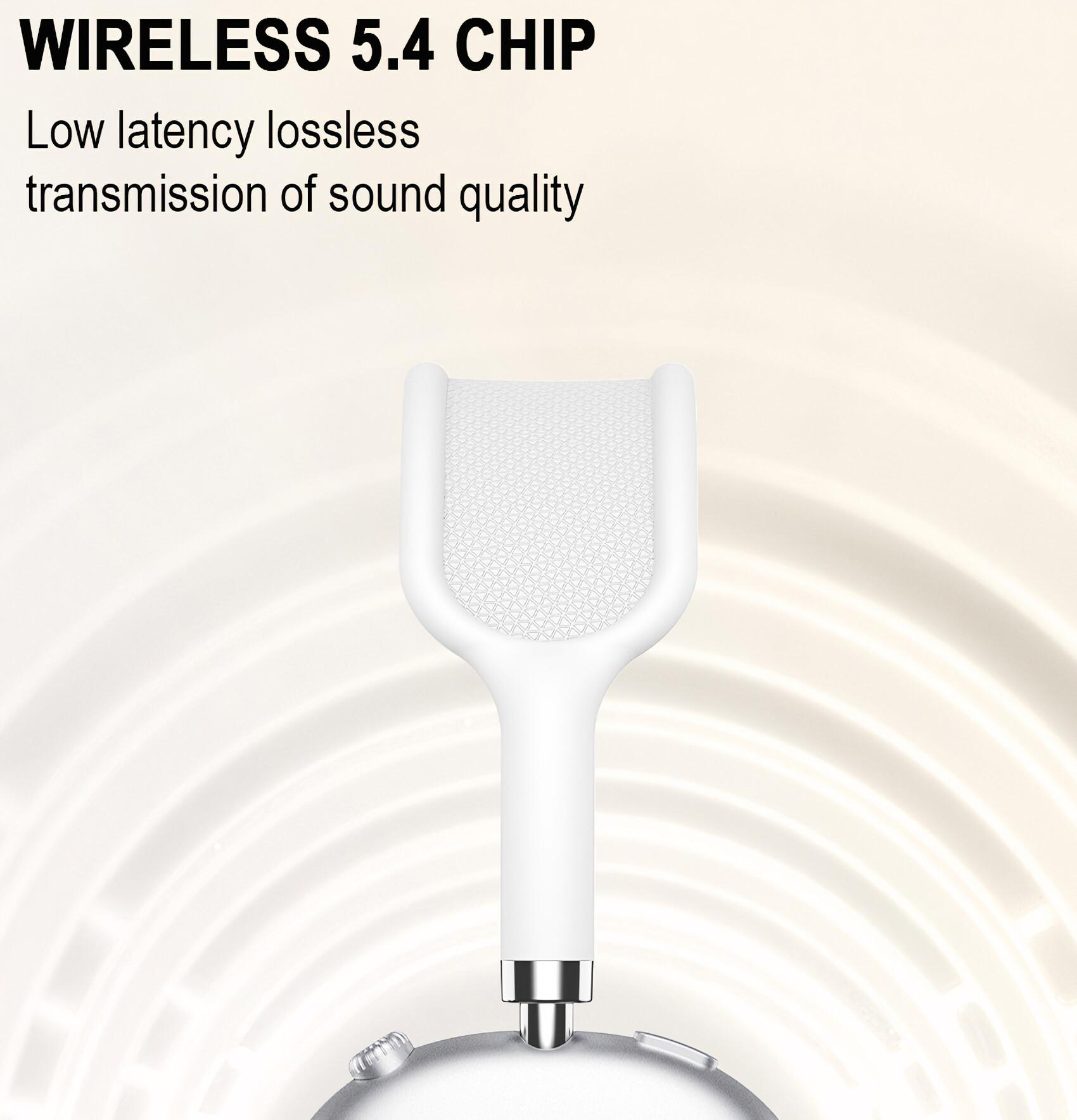 Weiße Kopfhörer mit silberner Basis. Der Text lautet 'WIRELESS 5.4 CHIP' und erwähnt die Klangqualität.