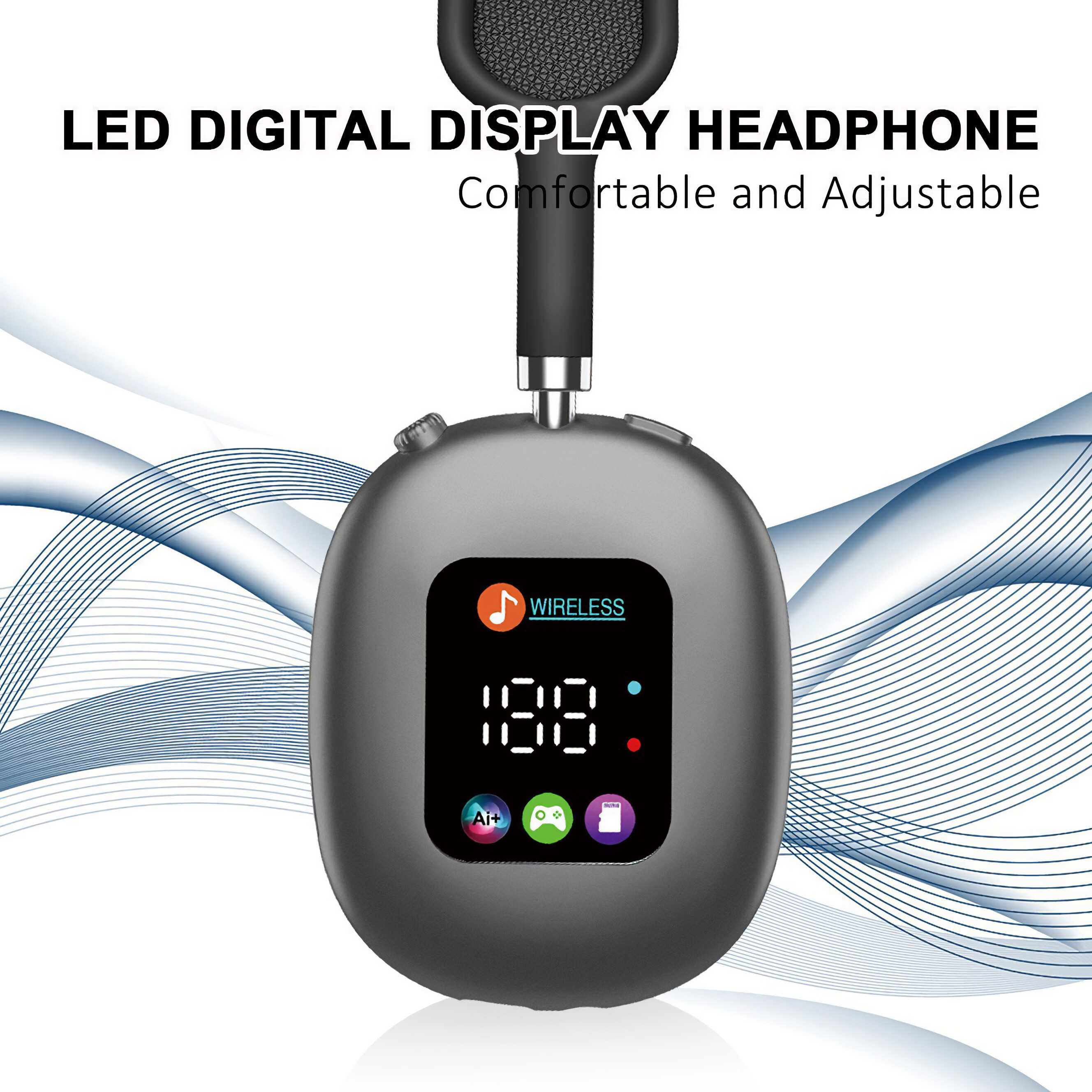 Ein grauer Kopfhörer mit digitaler Anzeige und schwarzem Riemen. Text: LED DIGITAL DISPLAY HEADPHONE. Er ist kabellos und verstellbar.
