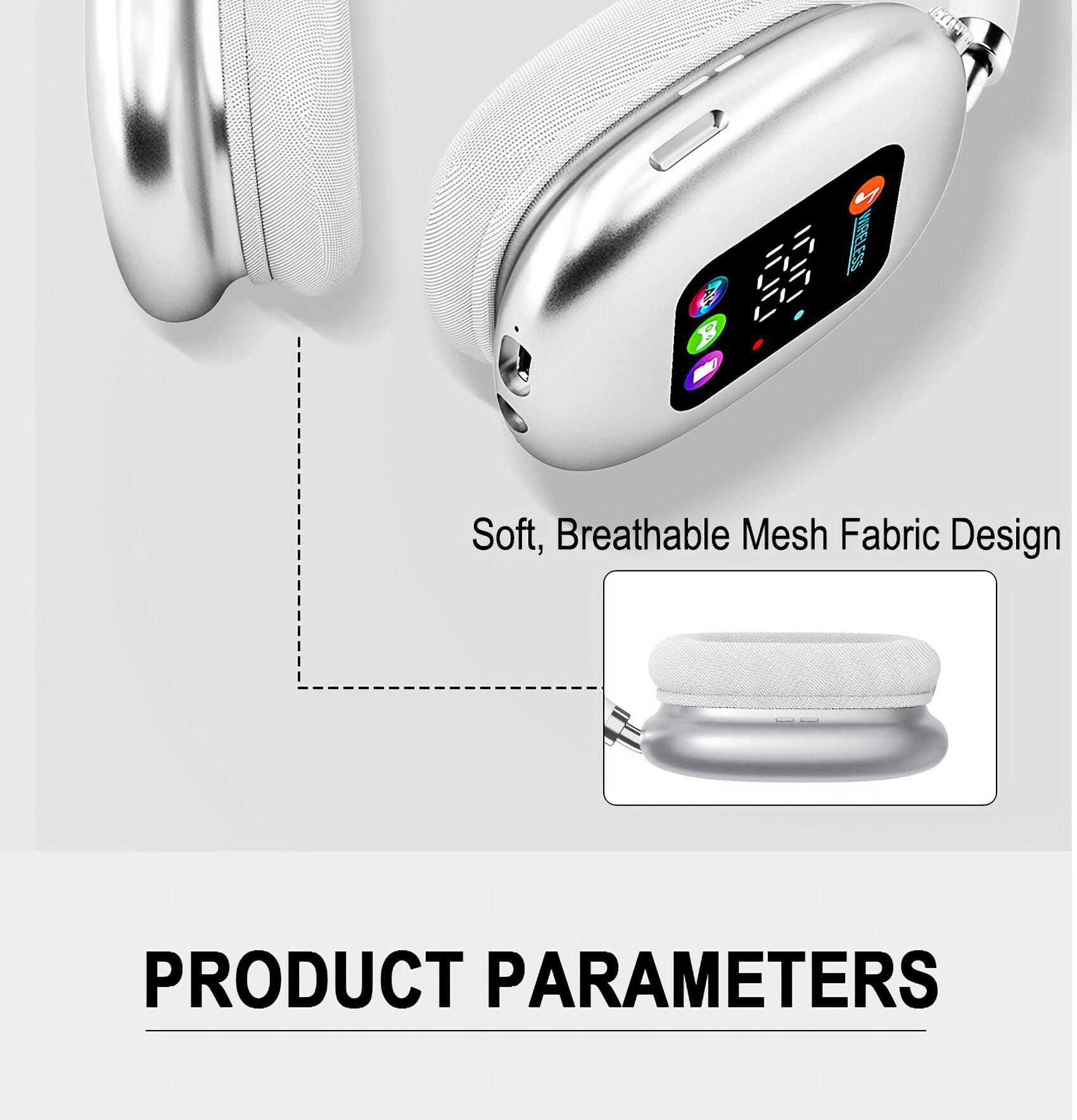 Silberne Kopfhörer mit weißem Mesh-Gewebe. Das Display zeigt Akku- und Wireless-Status. Text: Weiches, atmungsaktives Mesh-Gewebe-Design.
