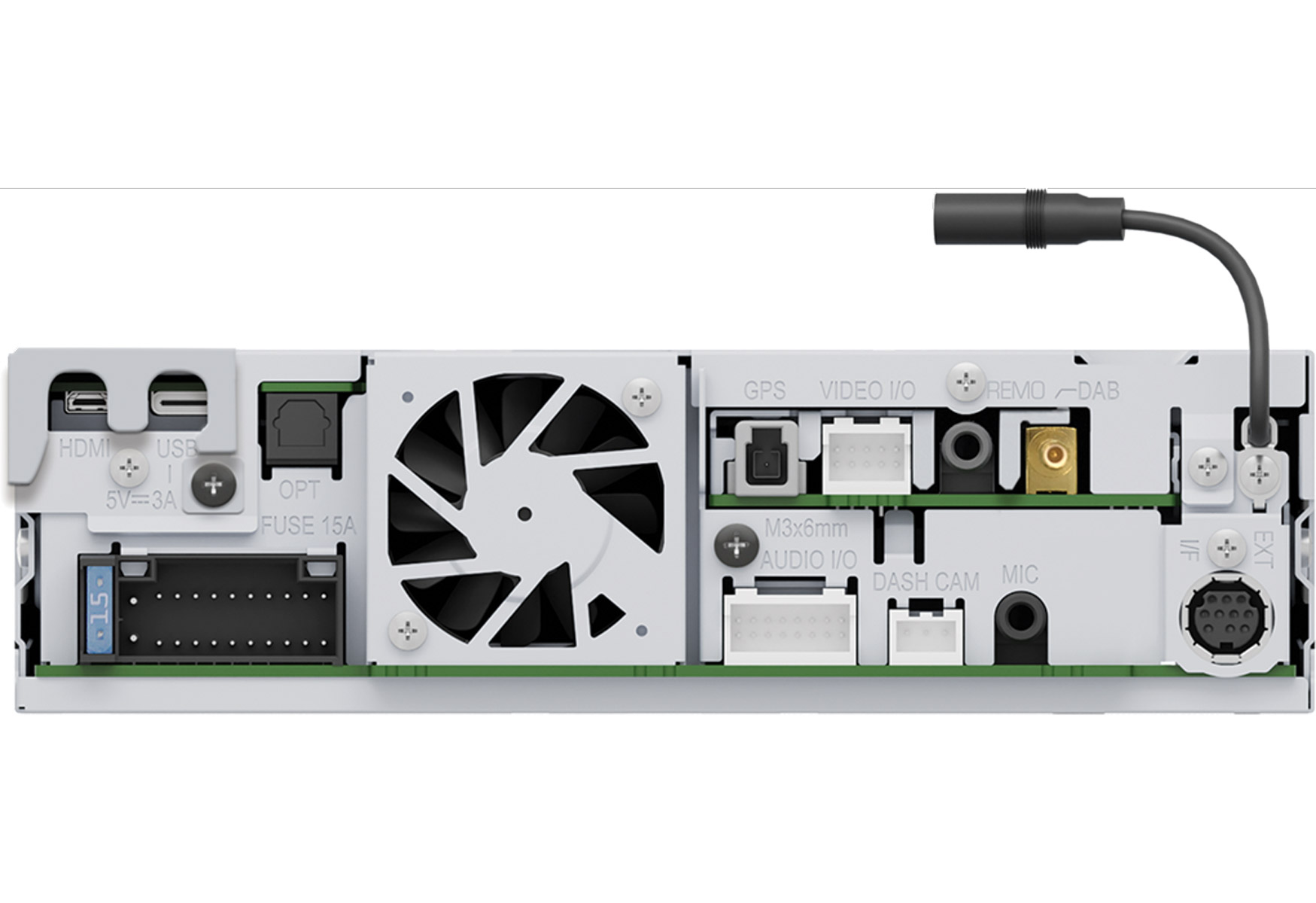 Rückseite eines Geräts mit verschiedenen Anschlüssen: HDMI, USB, OPT, GPS, VIDEO I/O und andere. Ein Lüfter und ein schwarzes Kabel sind ebenfalls sichtbar.