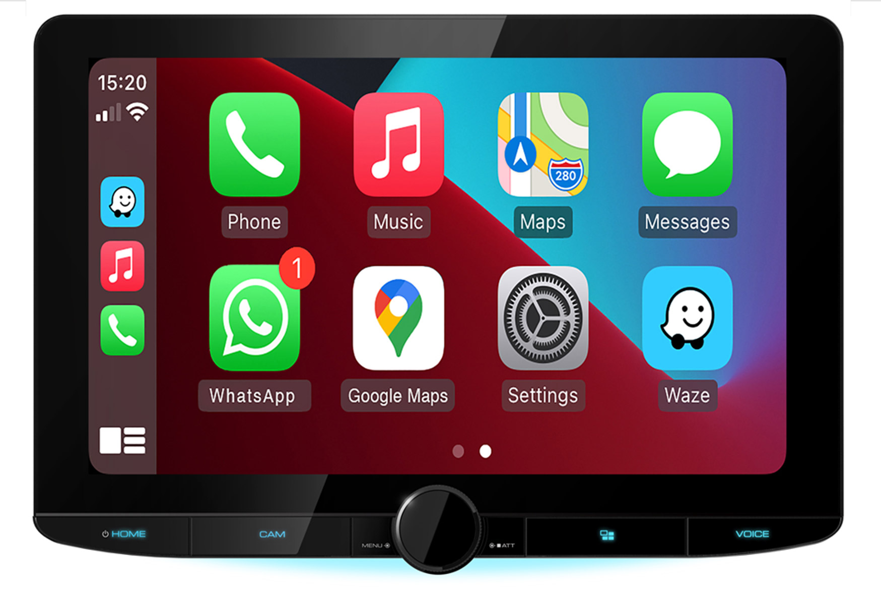 Auto-Infotainment-System zeigt App-Symbole für Telefon, Musik, Karten, Nachrichten, WhatsApp, Google Maps, Einstellungen und Waze an.