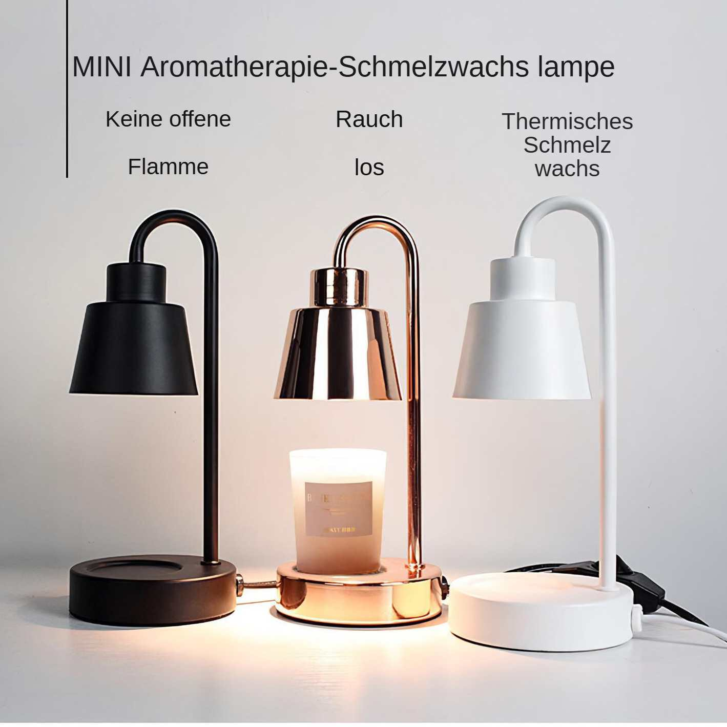 Drei Aromatherapie-Lampen. Schwarze, kupferfarbene und weiße Lampen stehen auf einer weißen Oberfläche. Text auf Deutsch: 'MINI Aromatherapie-Schmelzwachs lampe'.