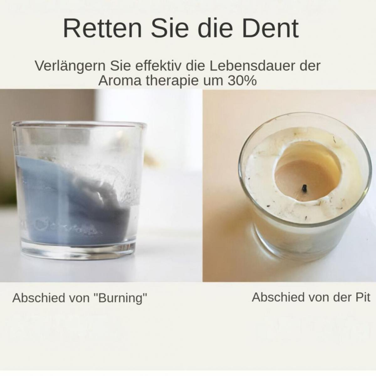 Das Bild zeigt zwei Glaskerzenhalter. Einer mit blauem Wachs, der andere mit einem verbrannten Docht. Text: 'Rette die Dent.'