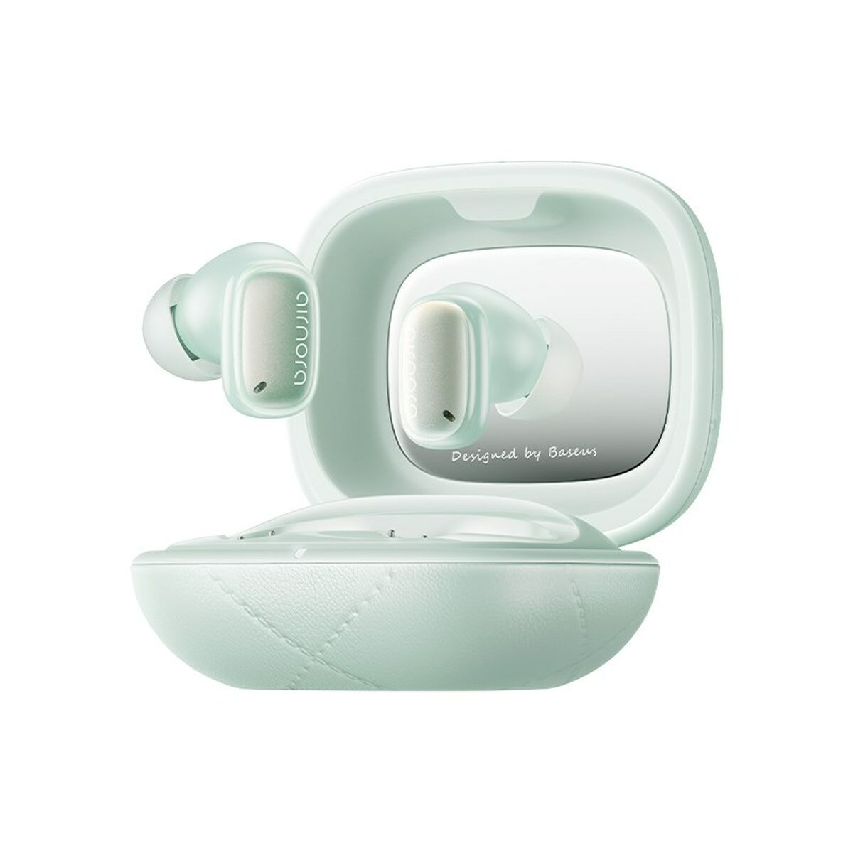 Auricolari wireless verde menta in una custodia di ricarica. Un auricolare è fuori dalla custodia. La custodia è aperta.