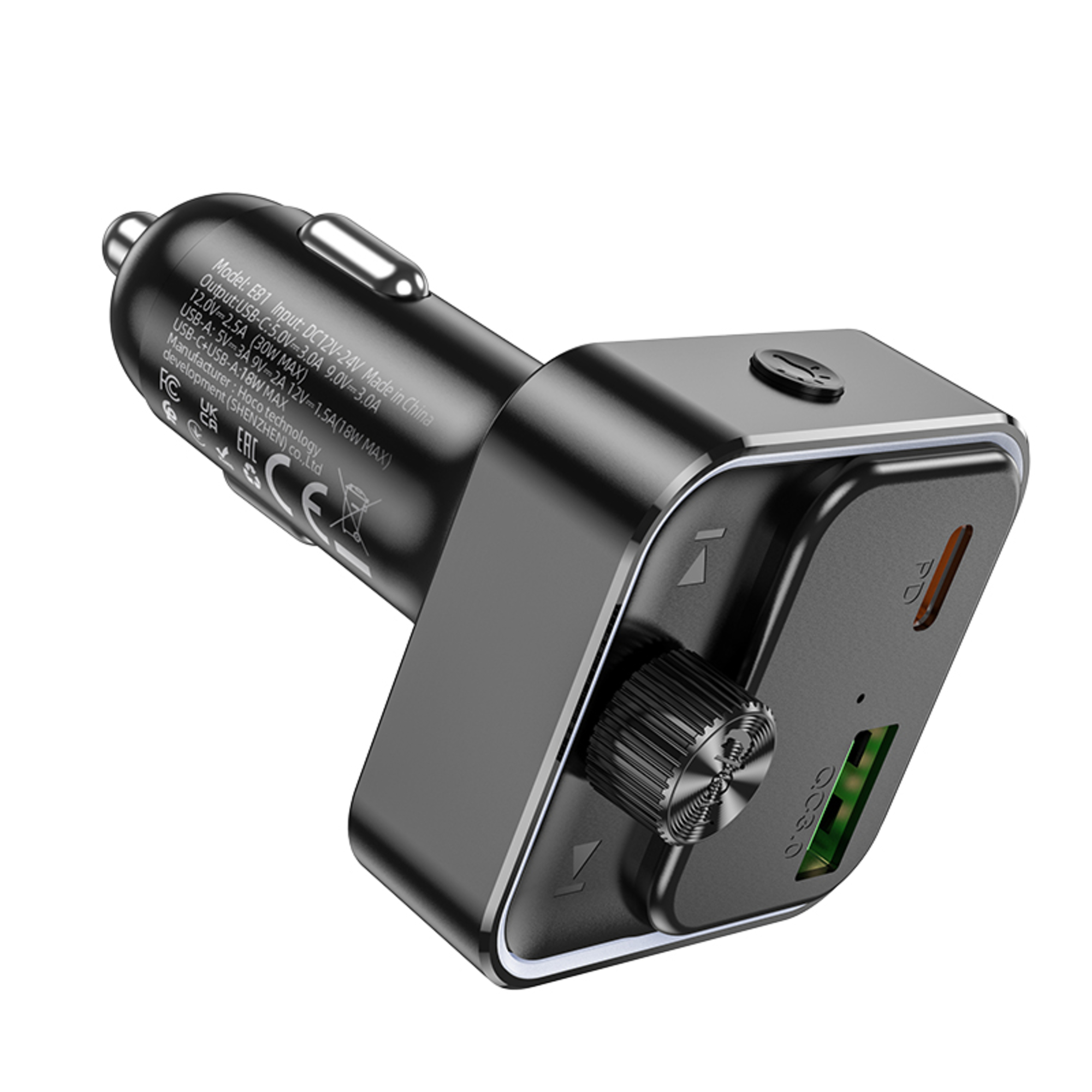 Ein schwarzes Autoladegerät mit USB-Anschlüssen. Es hat einen Drehregler und Anschlüsse mit der Bezeichnung PD und QC3.0.