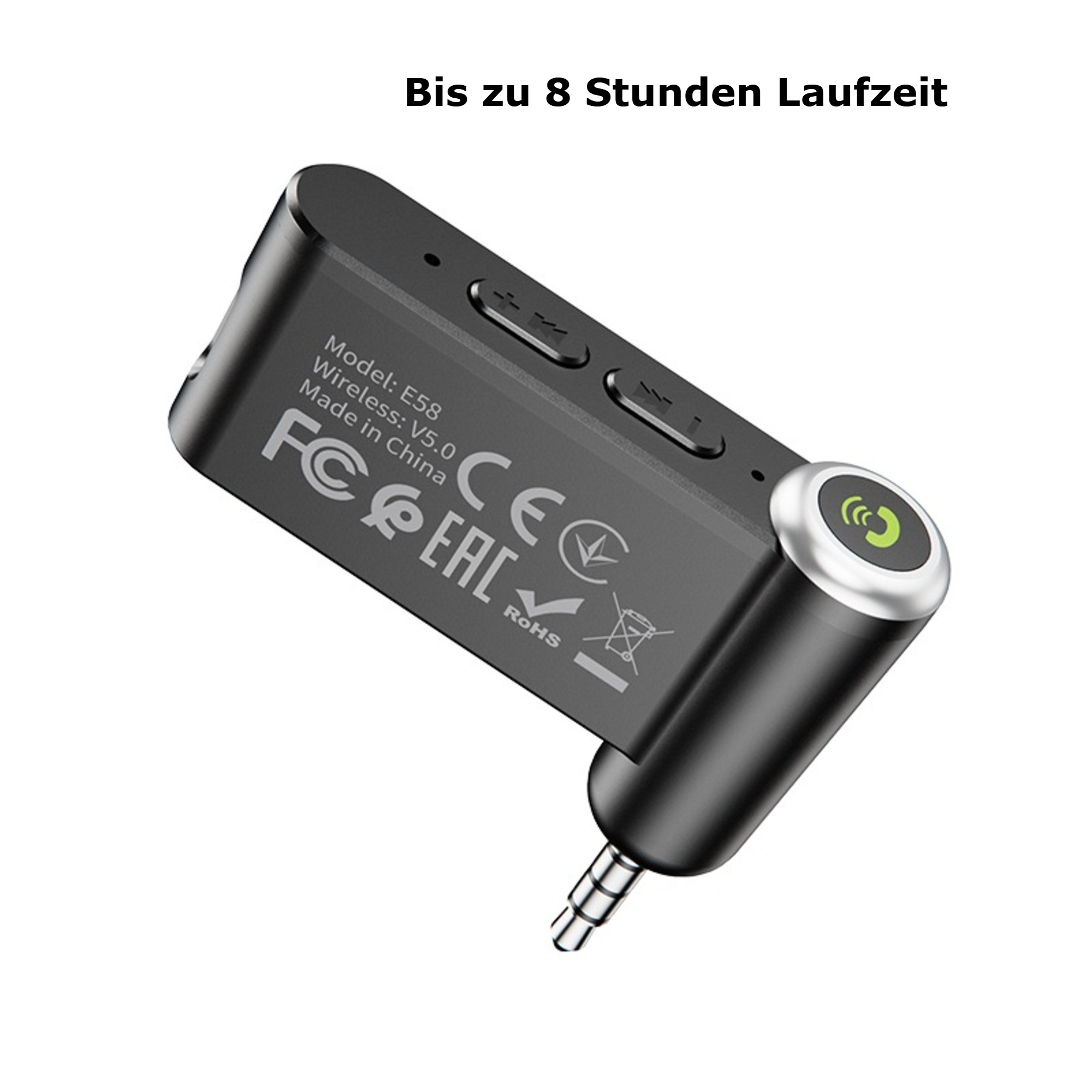 Ein schwarzer Bluetooth-Empfänger mit Knöpfen und einem 3,5-mm-Anschluss. Text sagt 'Bis zu 8 Stunden Laufzeit'.