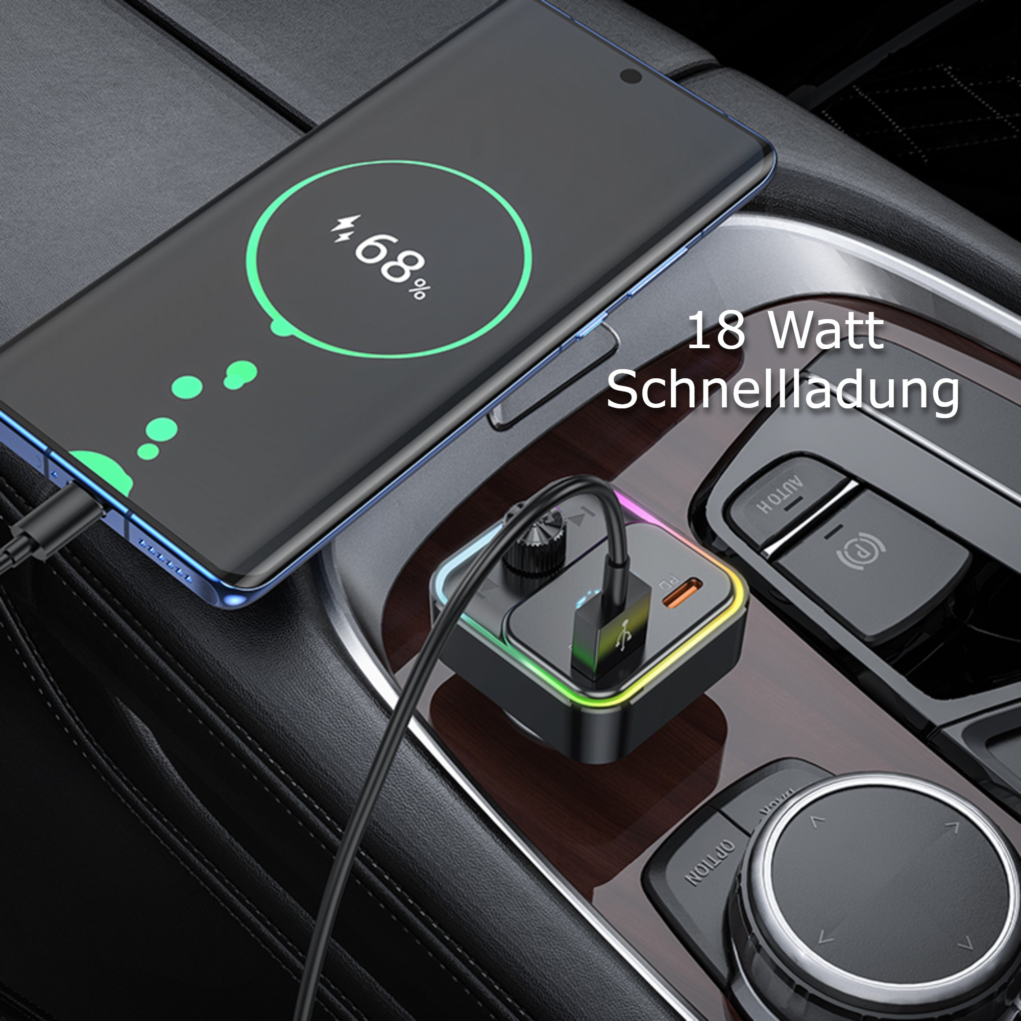 Ein Telefon wird im Auto aufgeladen. Der Bildschirm zeigt 68% Akku an. Ein Ladegerät und die Konsole sind auch sichtbar.