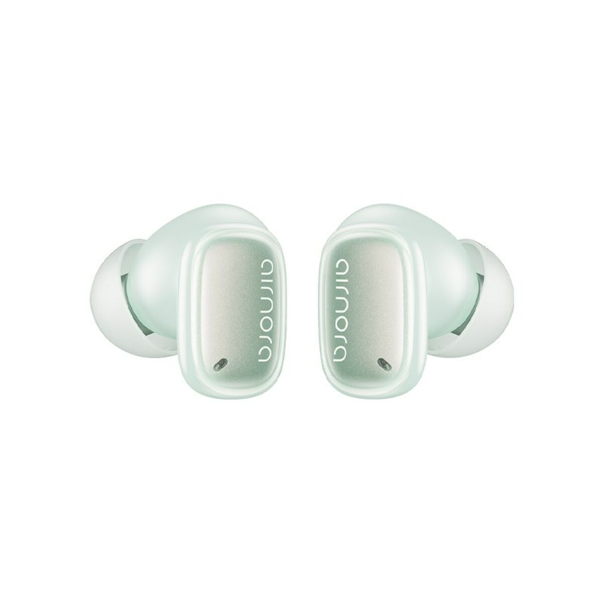Vengono mostrate due cuffie wireless verde menta. Ognuna ha una superficie esterna arrotondata con il marchio 'airnora'.