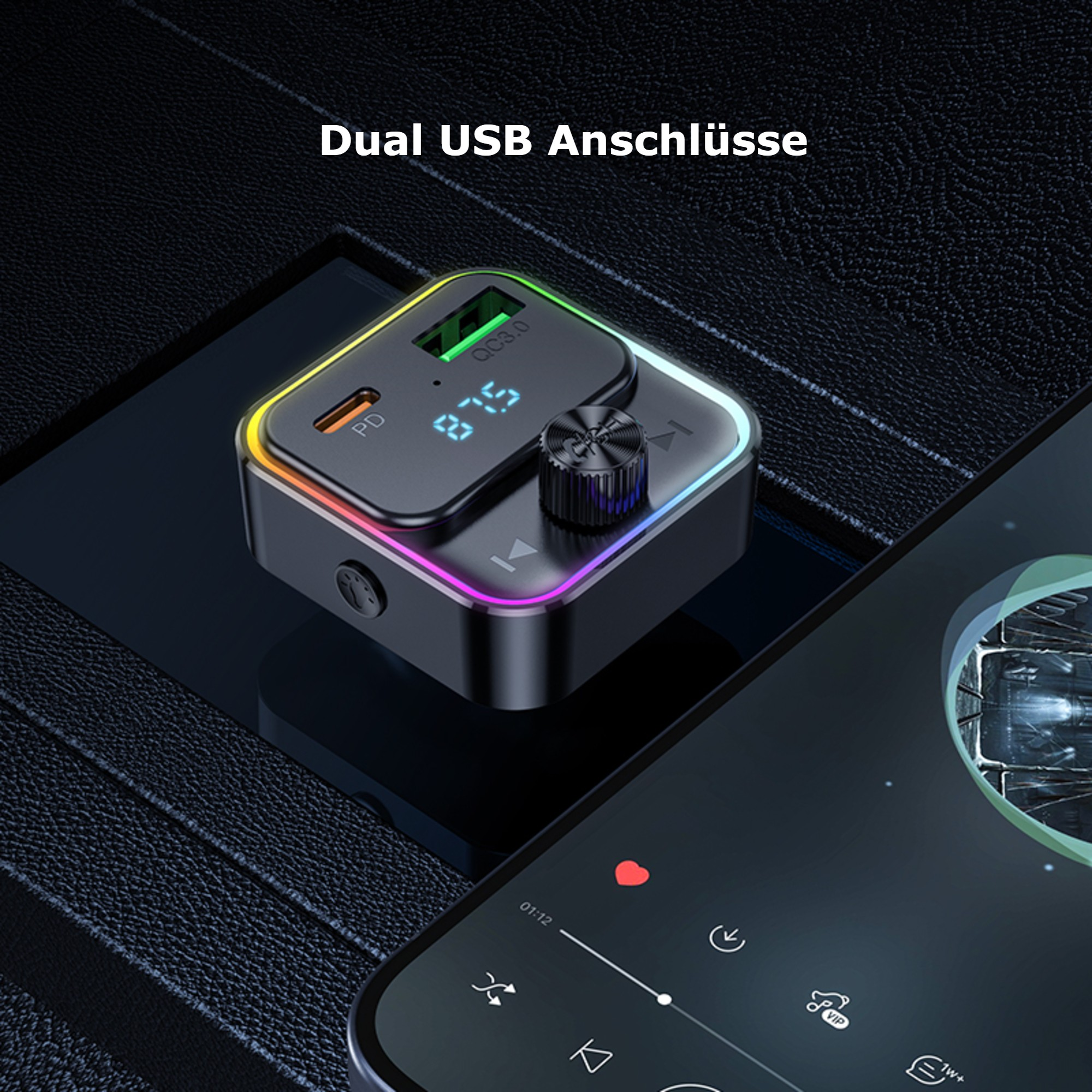Schwarzes USB-Ladegerät mit Farblicht und digitaler Anzeige. Telefon mit Musik-App im Hintergrund.