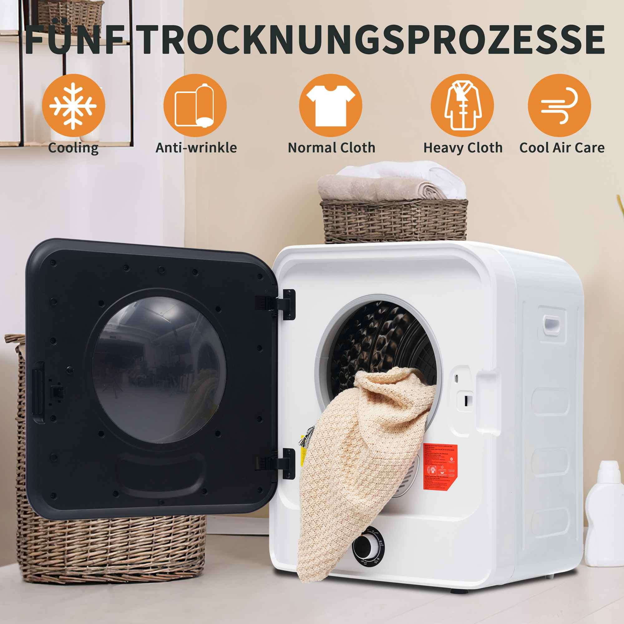 Ein weißer Trockner mit offener Tür. Im Inneren befindet sich ein beigefarbener Pullover. Oben befinden sich Symbole für den Trocknungsprozess.
