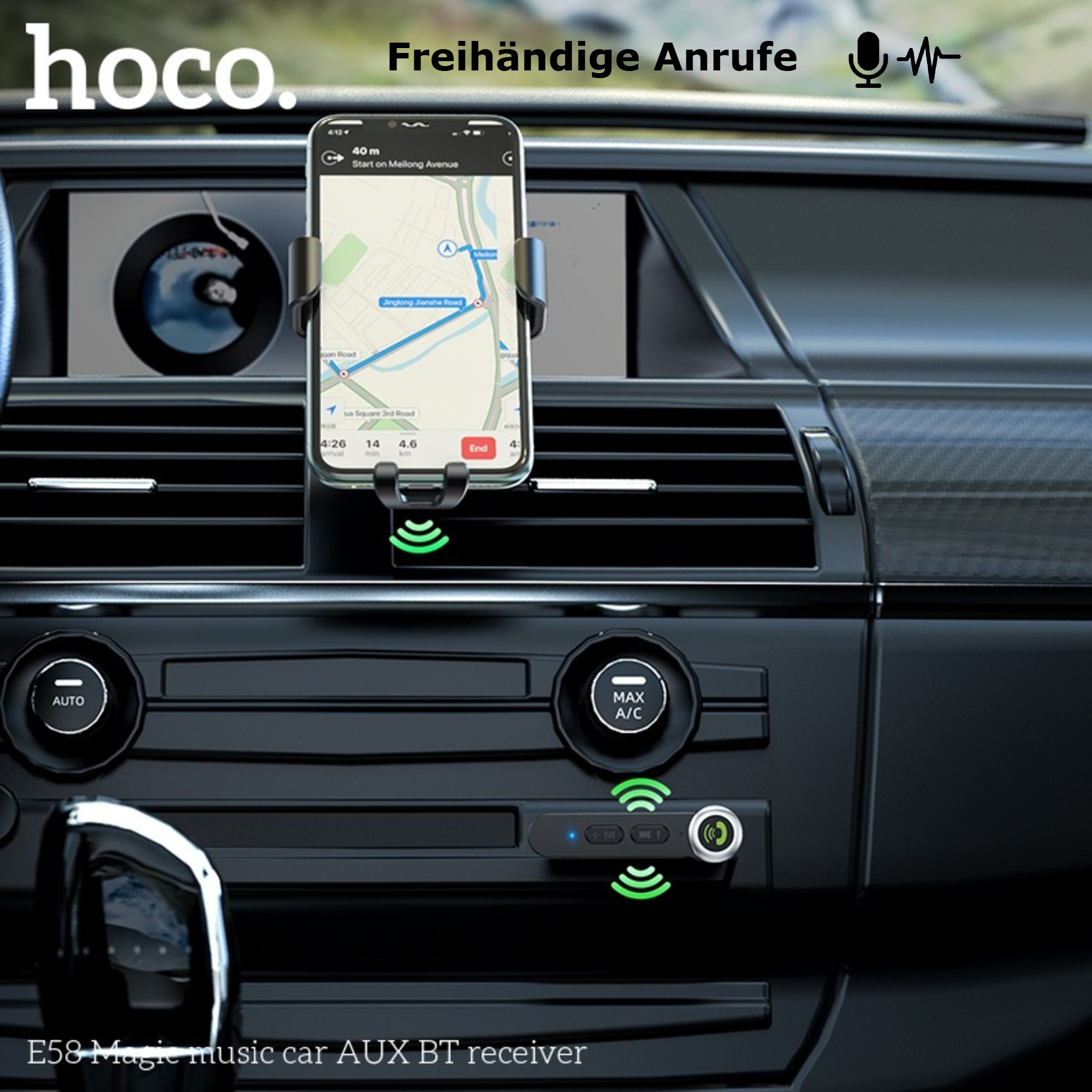 Ein Telefon mit Navigation ist in einem Auto montiert. Ein Bluetooth-Empfänger befindet sich in der Mittelkonsole.