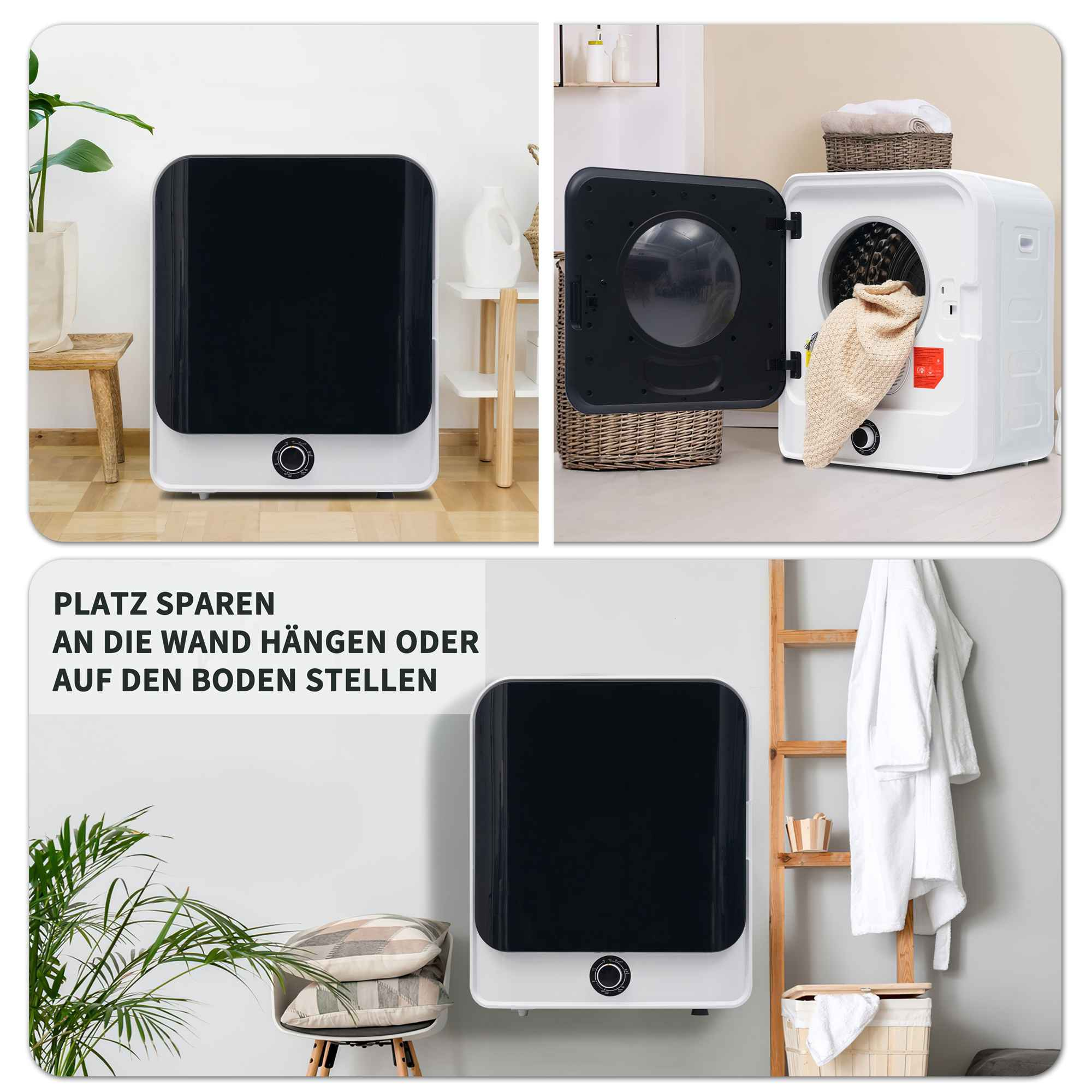 Ein weißer tragbarer Trockner mit schwarzer Tür. Der Trockner ist in verschiedenen Einstellungen. Ein Korb mit Handtüchern ist sichtbar.