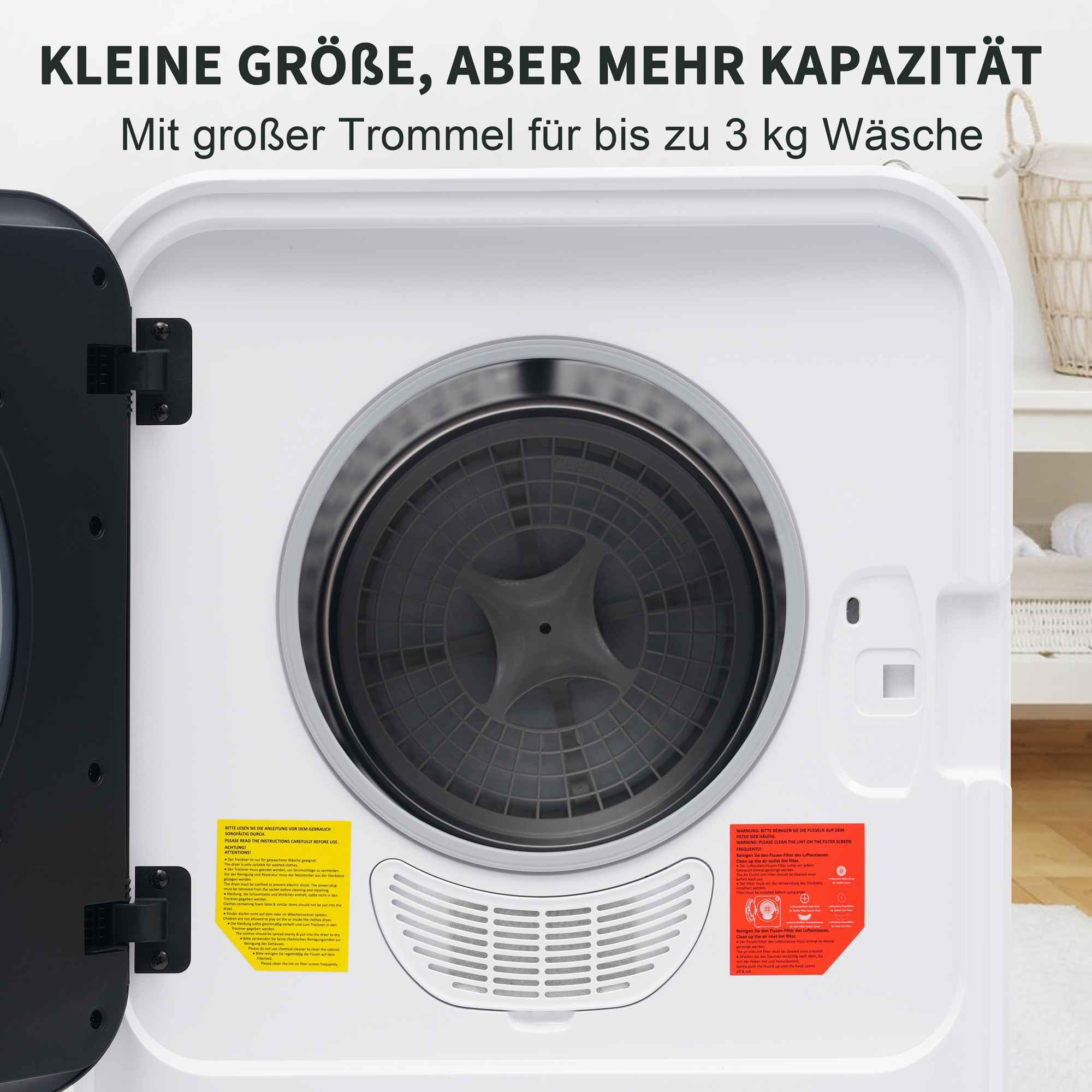 Ein weißer Trockner mit offener Tür. Auf dem Trockner steht: kleine Größe, aber mehr Kapazität, mit großer Trommel.