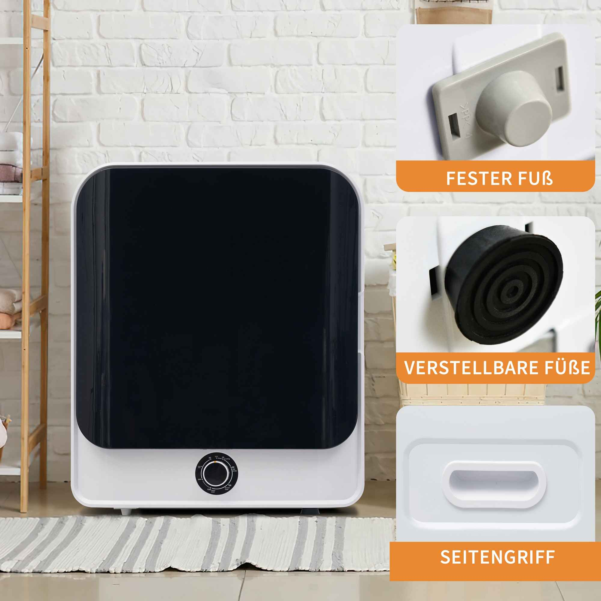 Ein weißes und schwarzes Gerät mit Drehknöpfen. Das Bild zeigt Details wie die Füße und den Griff.