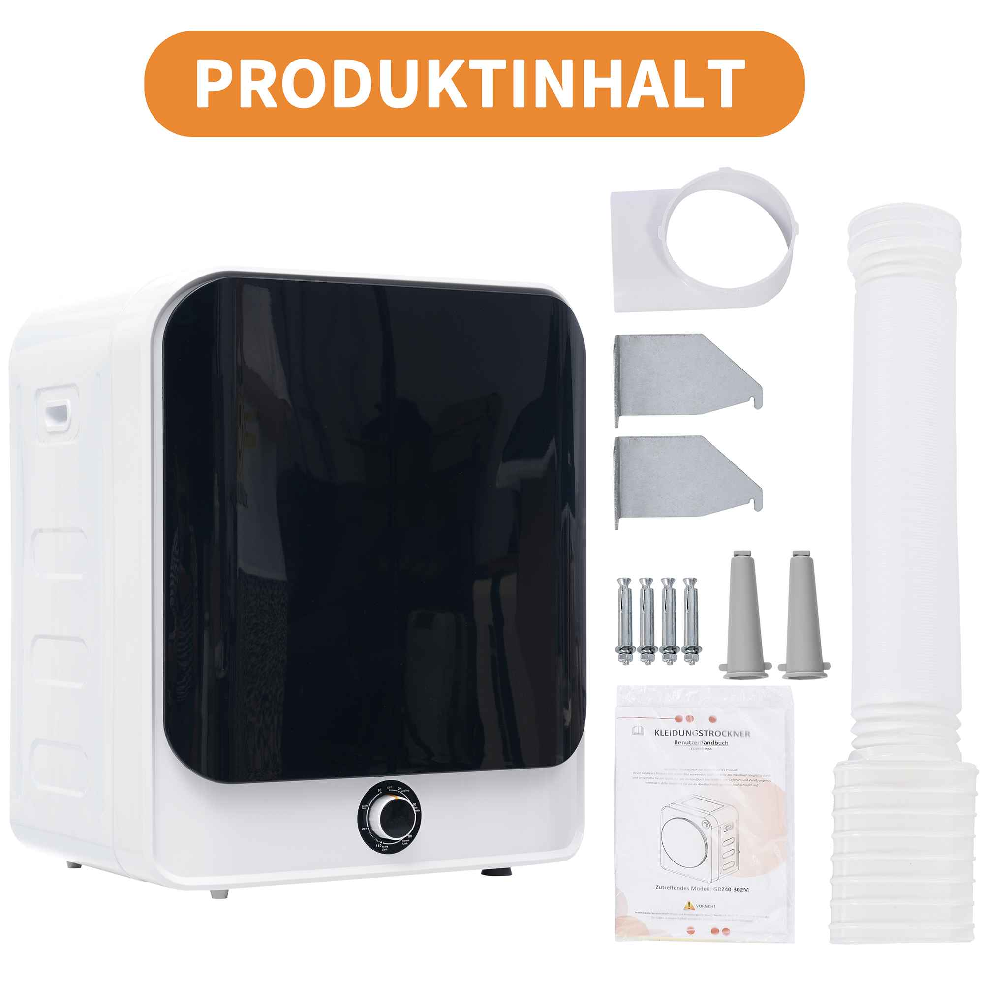 Ein weißer und schwarzer Trockner mit Zubehör wird angezeigt. Oben steht 'Produktinhalt'.