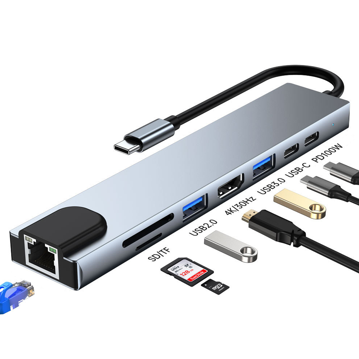 Ein silberner USB-Hub mit mehreren Anschlüssen, einschließlich USB, HDMI und SD-Karten-Steckplätzen, wird mit verschiedenen angeschlossenen Geräten gezeigt.