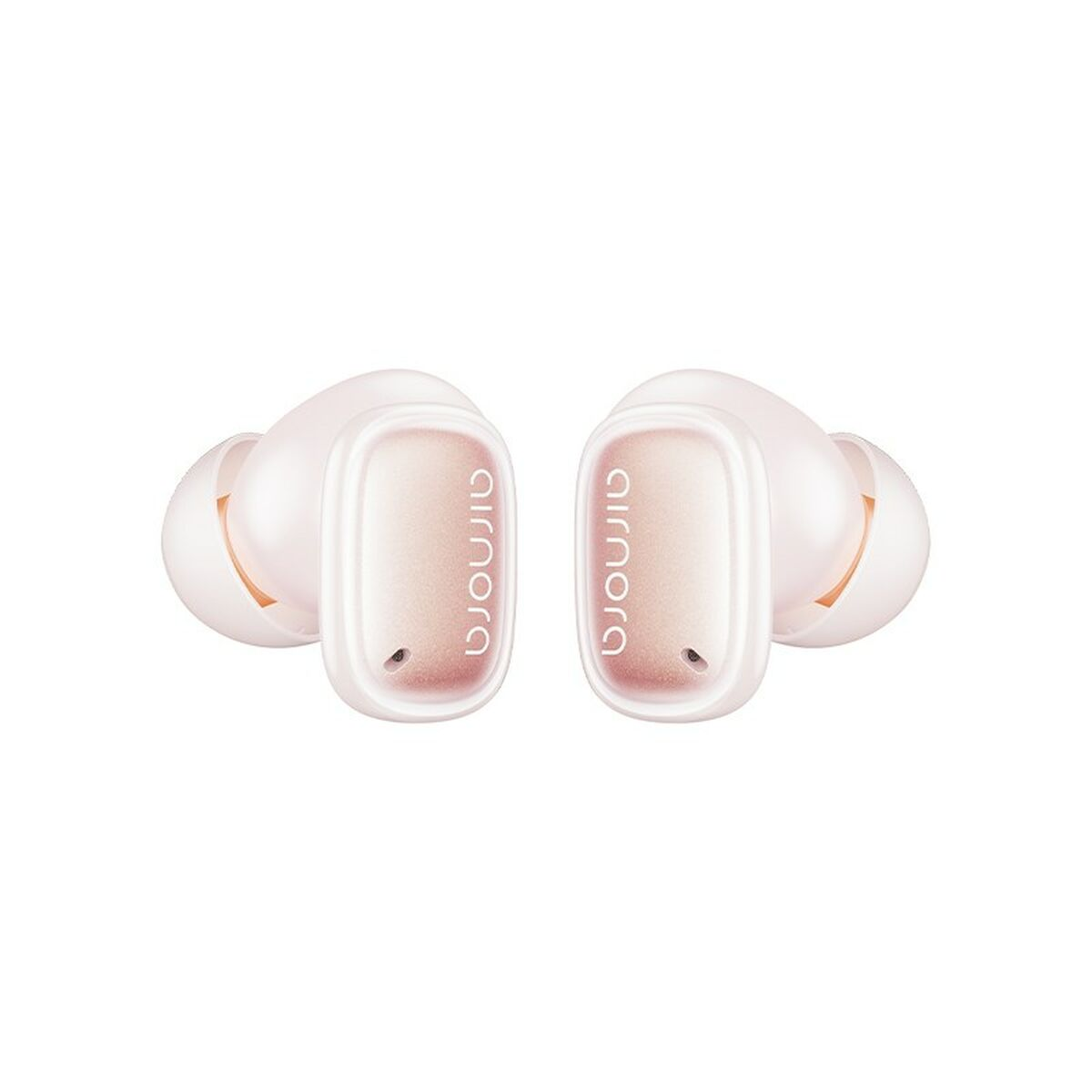 Due auricolari wireless rosa con il marchio 'airnora' sono esposti su sfondo bianco.