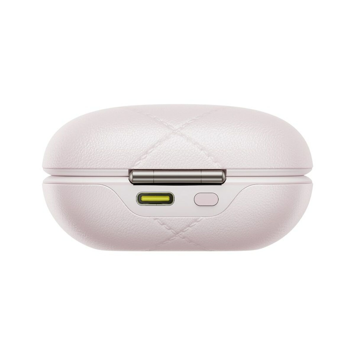 Una custodia per auricolari rosa chiaro trapuntata. È di forma ovale, con una cerniera argentata. Ha una porta di ricarica gialla e un piccolo pulsante.
