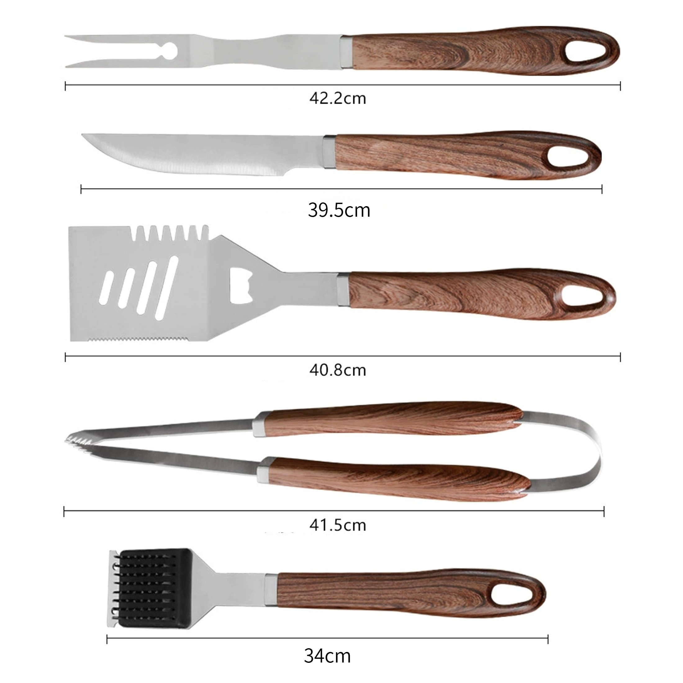 Ein Satz Grillwerkzeuge umfasst eine Gabel, ein Messer, einen Spatel, eine Zange und eine Bürste. Alle haben Holzgriffe und Edelstahlköpfe.