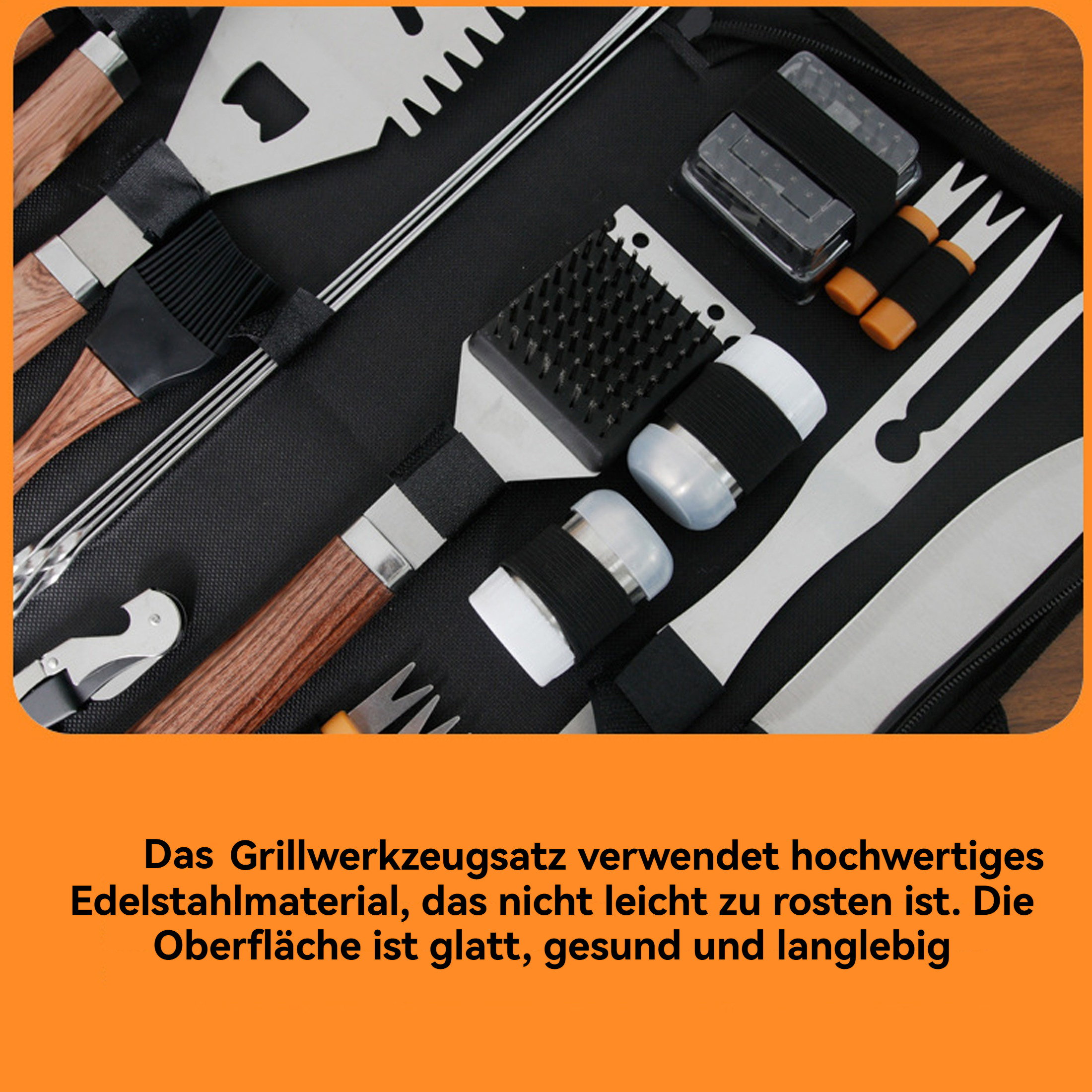Set mit Grillwerkzeugen, darunter Spatel, Pinsel und Spieße, in einem schwarzen Koffer. Holzgriffe und Edelstahl.