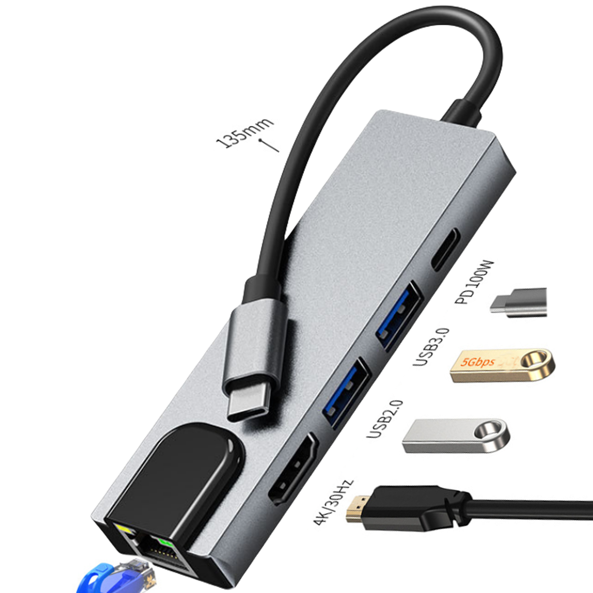 Ein silberner USB-Hub mit mehreren Anschlüssen, Kabeln und USB-Laufwerken. Textbezeichnungen sind USB3.0, USB2.0, 4K/30Hz und PD100W.