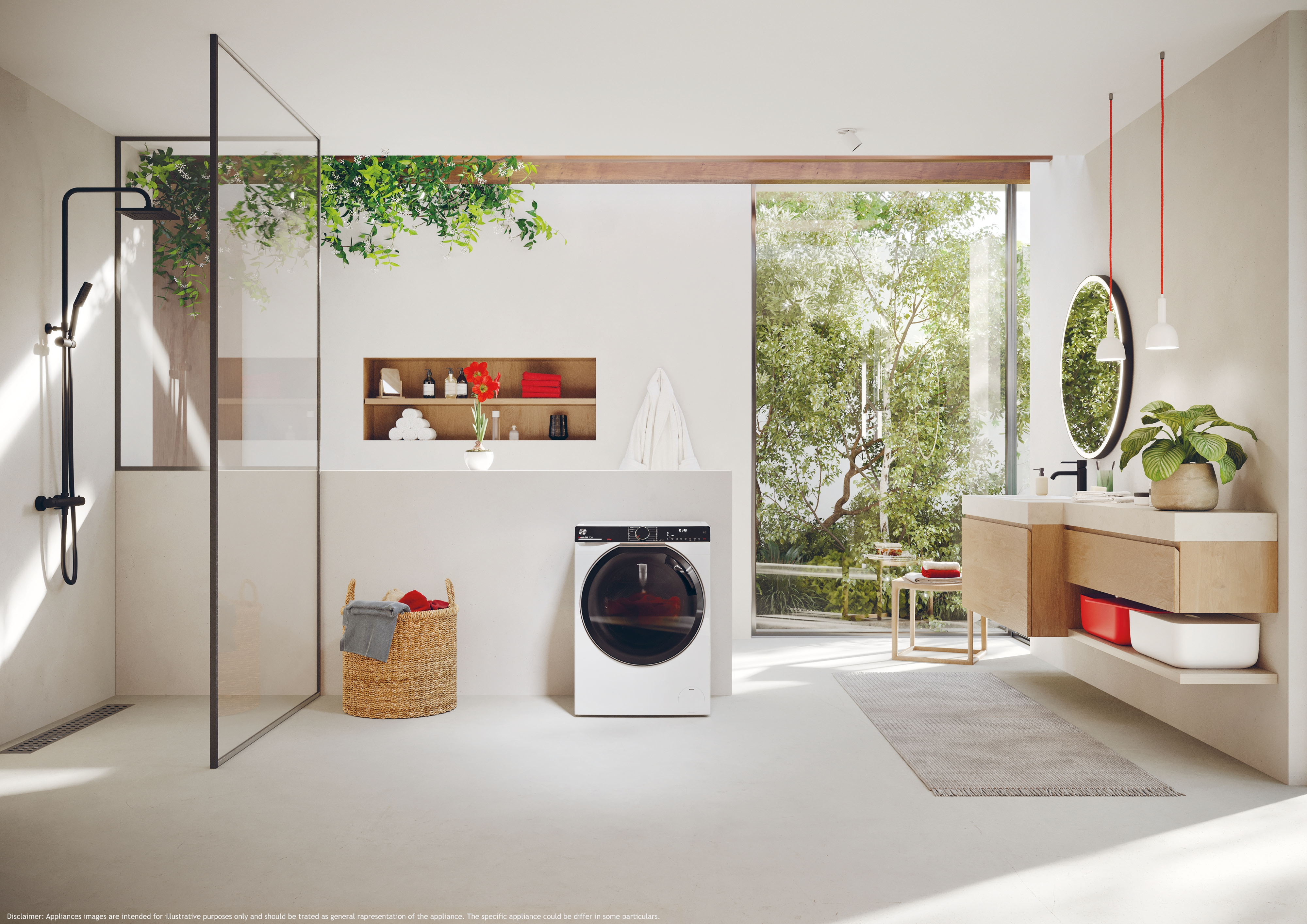 Baño moderno con ducha, lavadora, ventana grande y detalles de madera. Plantas decoran el espacio.