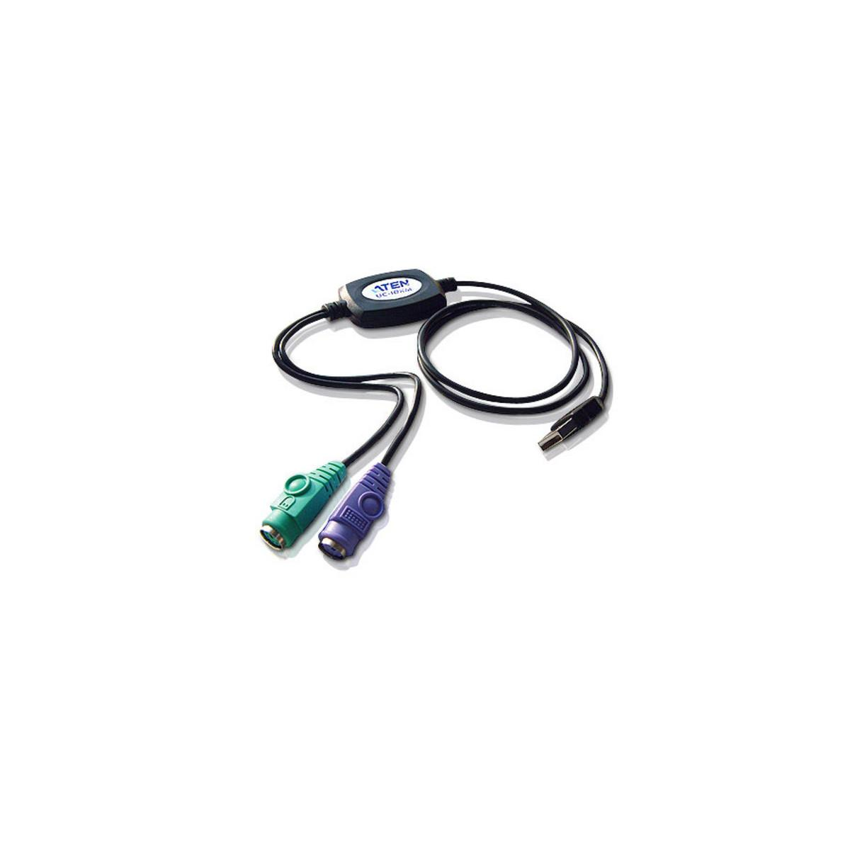Un cavo ATEN nero con connettori verdi e viola e un connettore USB nero. Il cavo è su sfondo bianco.