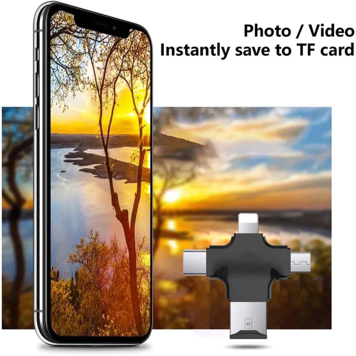 Ein Telefon zeigt einen Sonnenuntergang über Wasser. Ein schwarzer Adapter mit USB- und TF-Kartenanschlüssen. Text: 'Foto/Video'.