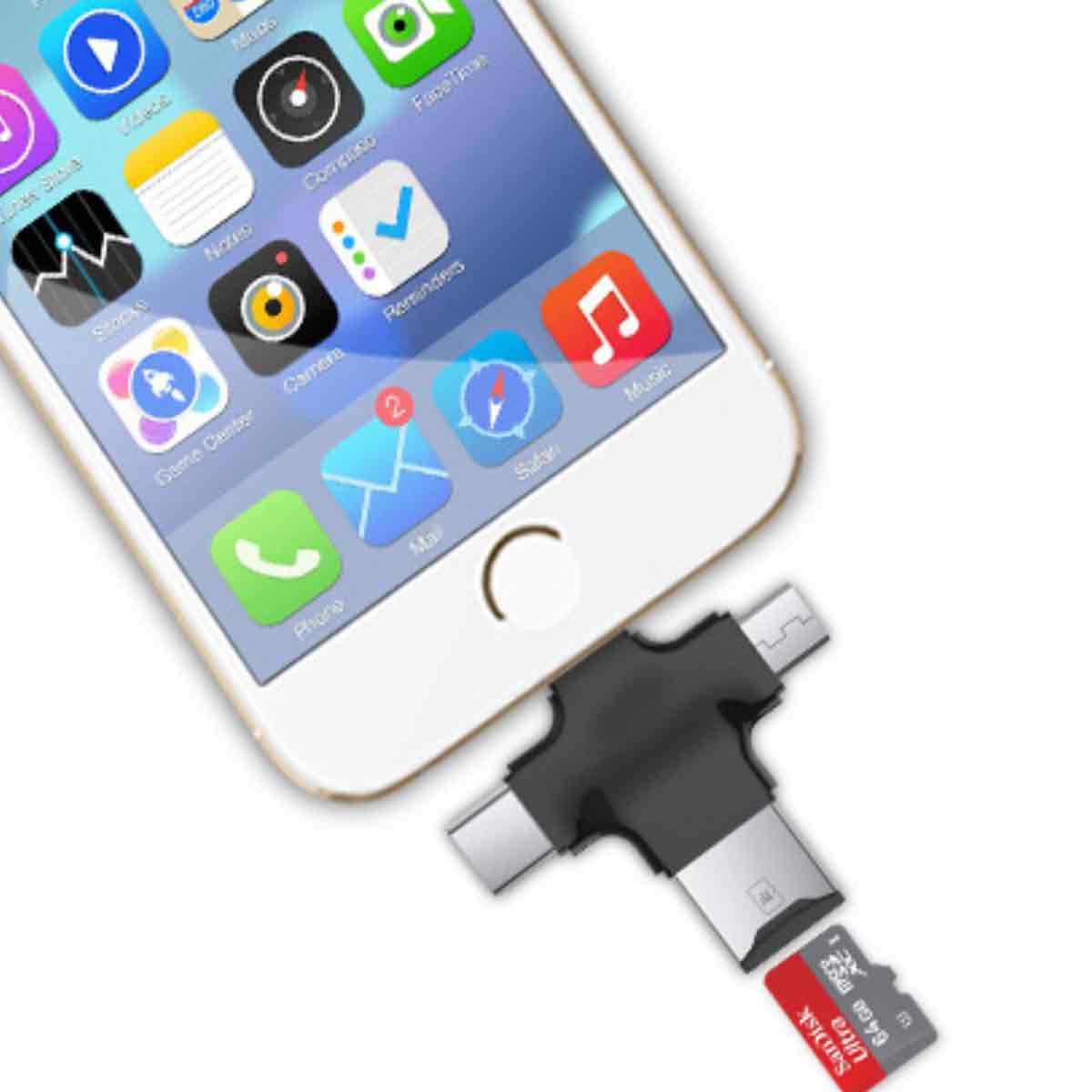 Ein iPhone mit Apps, verbunden mit einem schwarzen Adapter mit einer SD-Karte. Die SD-Karte ist rot und trägt die Aufschrift SanDisk Ultra 64GB.