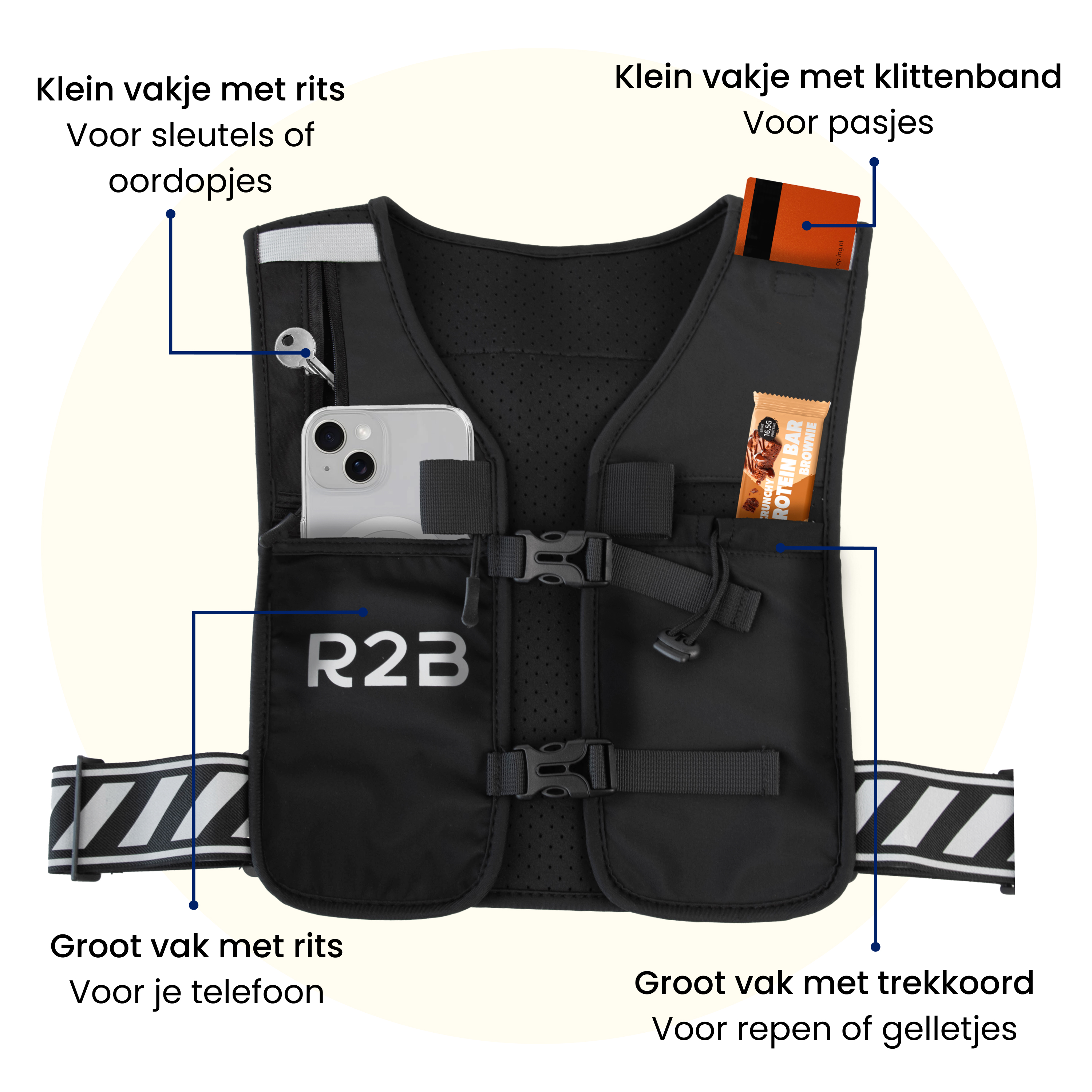 Gilet de course noir avec poches pour téléphone, clés, cartes et collations. Bandes blanches sur les sangles.