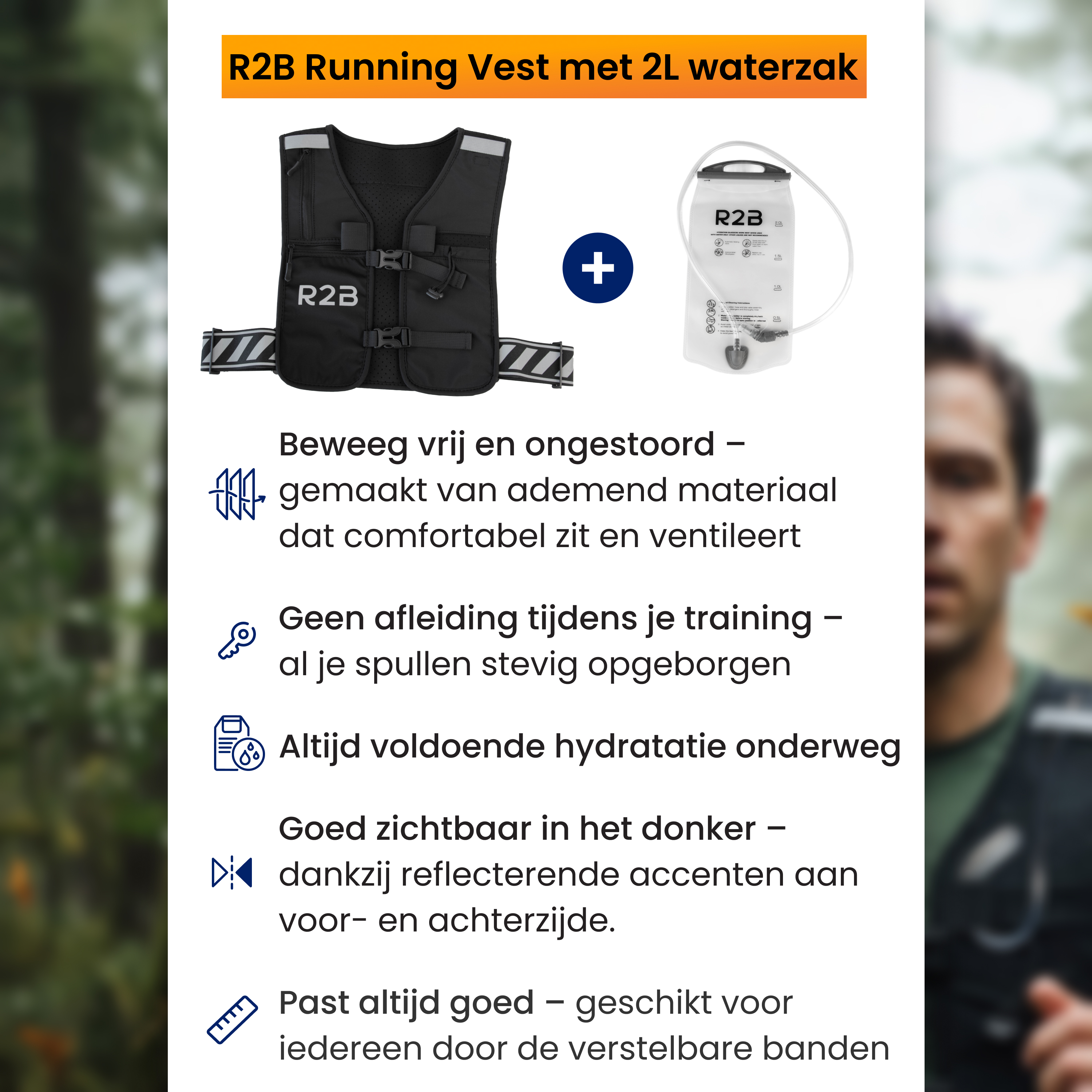 Gilet de course noir avec poche à eau, plus poche à eau R2B et descriptions textuelles.