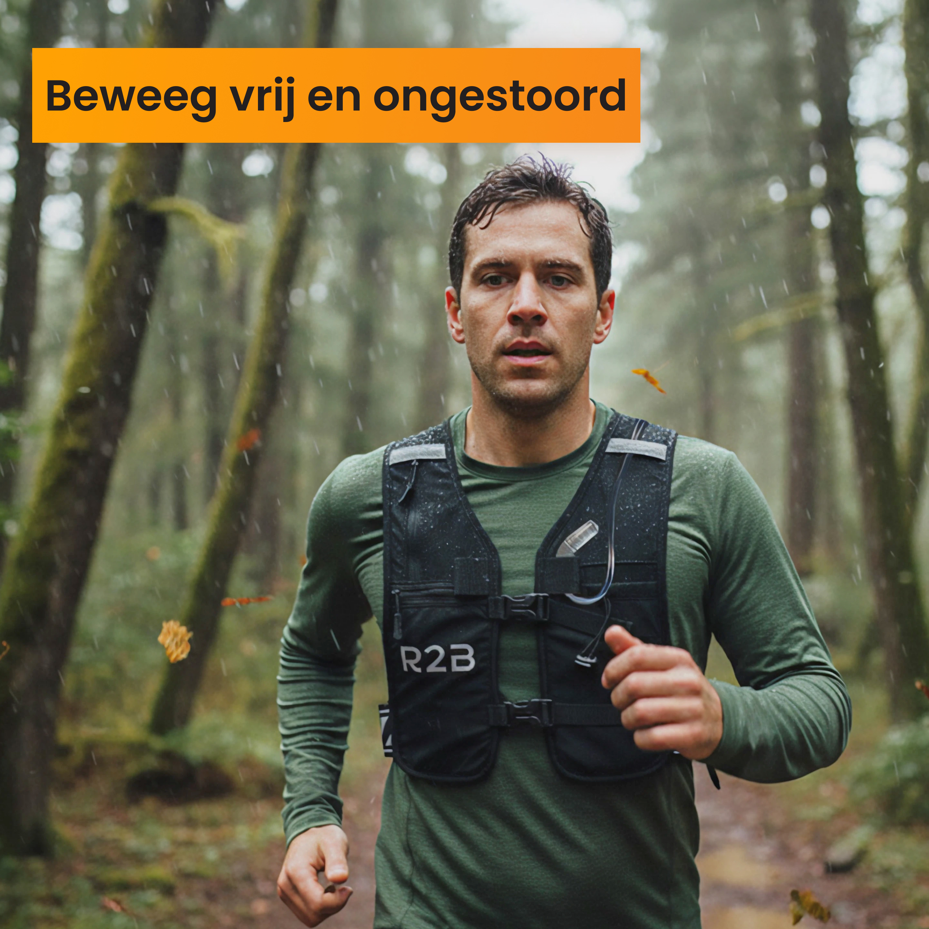Homme courant en forêt, portant un gilet noir avec un sac d'hydratation. Pluie, arbres en arrière-plan.