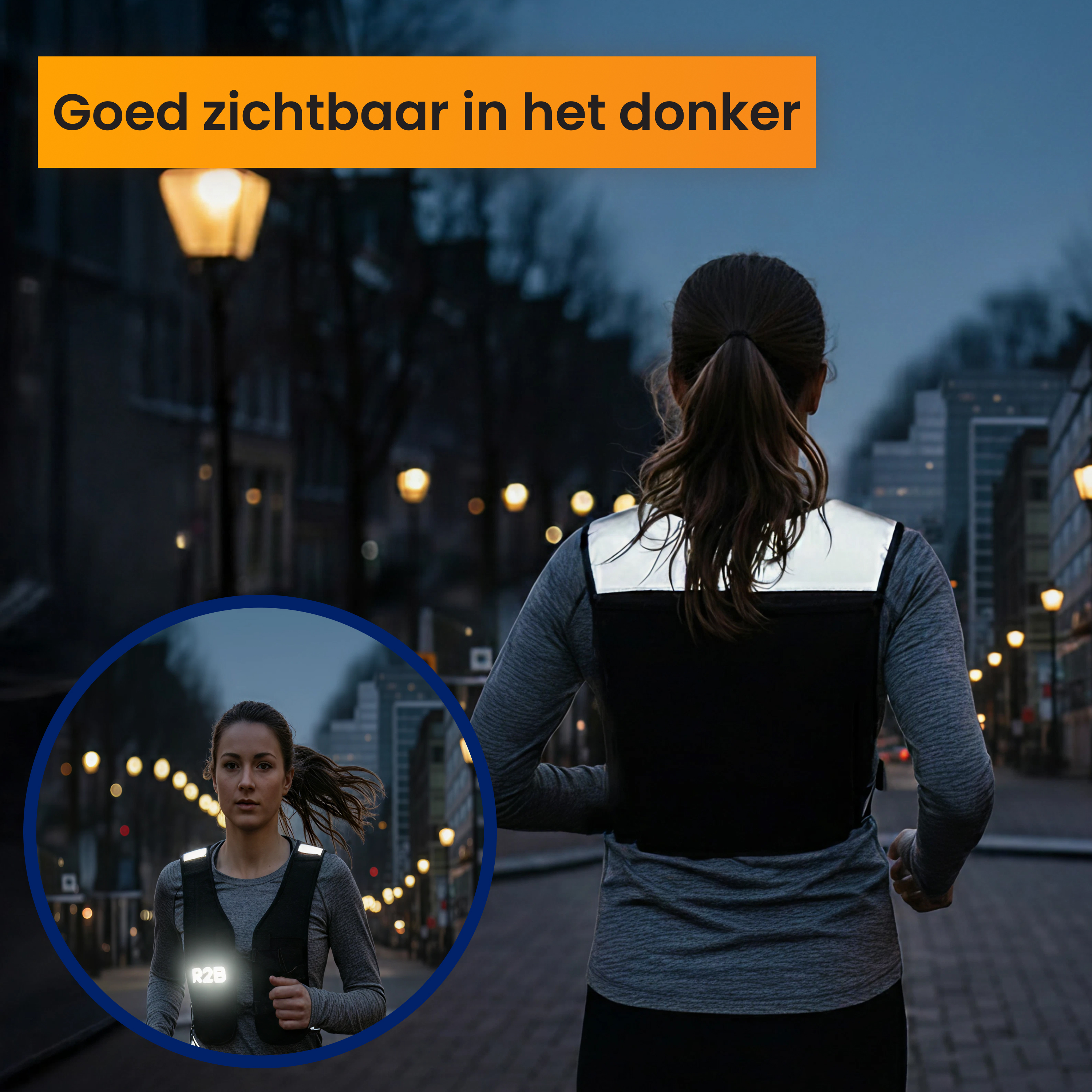 Une femme court la nuit, portant un gilet réfléchissant. L'image présente un petit encart de la même femme.