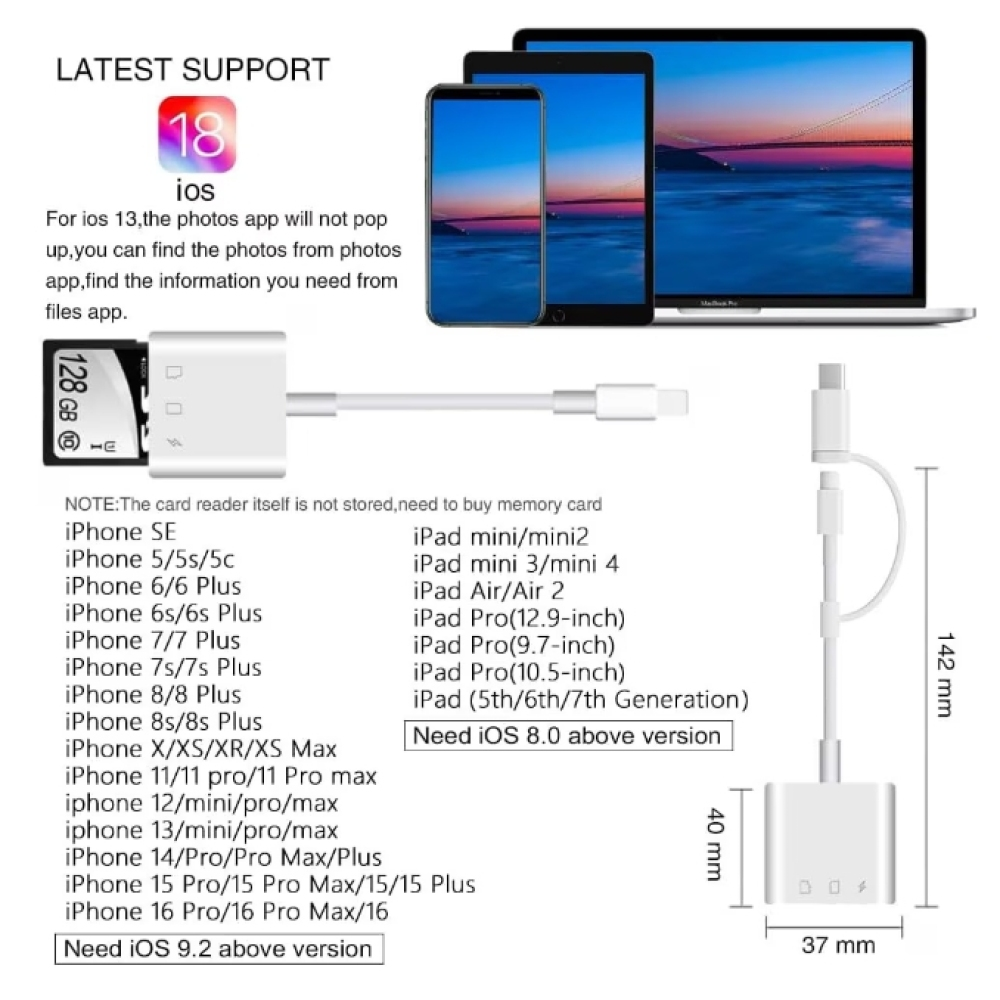 Das Bild zeigt einen iOS-Kartenleser mit unterstützten iPhone- und iPad-Modellen, mit Abmessungen und iOS-Versionsanforderungen.