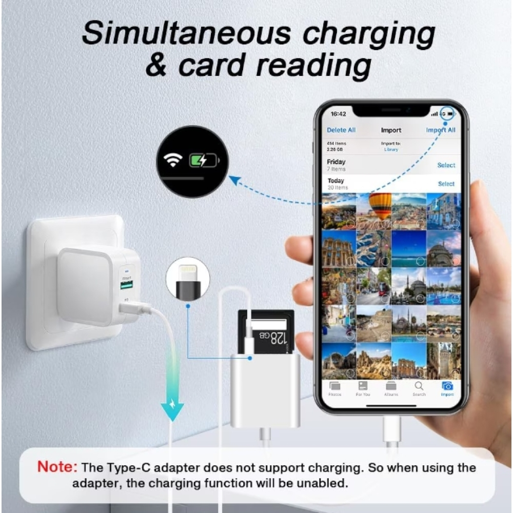 Das Bild zeigt gleichzeitiges Laden und Kartenlesen. Ein iPhone ist angeschlossen. Es gibt ein Ladegerät, einen Kartenleser und einen Hinweis zum Typ-C-Adapter.