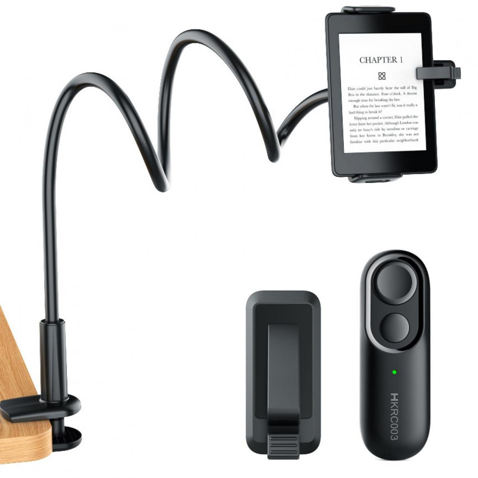Ein E-Reader, der von einem flexiblen Arm gehalten wird. Eine Fernbedienung und zwei schwarze Clips sind ebenfalls vorhanden.
