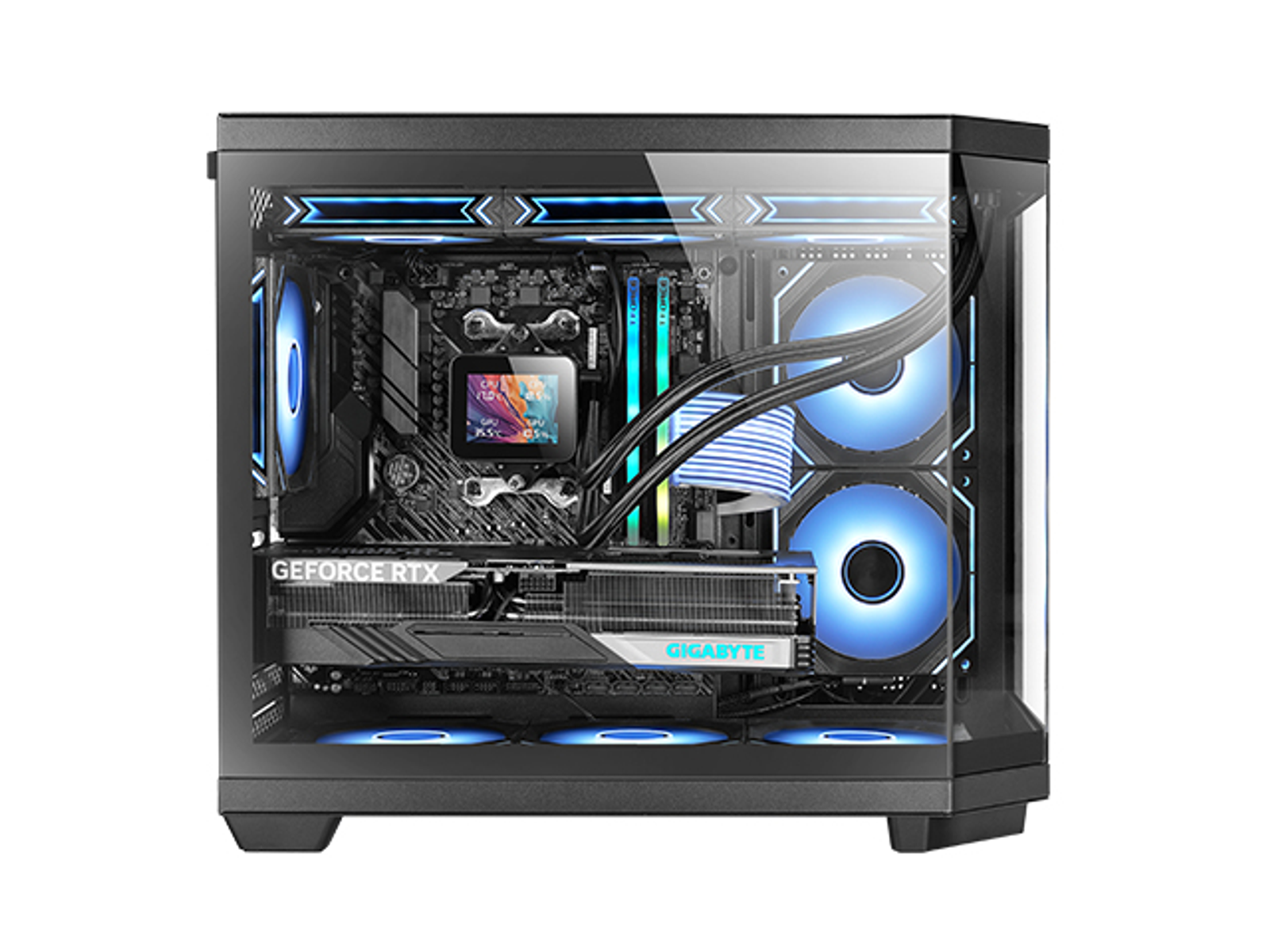 Una carcasa de computadora con componentes visibles. Ventiladores LED azules, una tarjeta gráfica y una placa base son visibles. La carcasa es negra con un panel de vidrio.