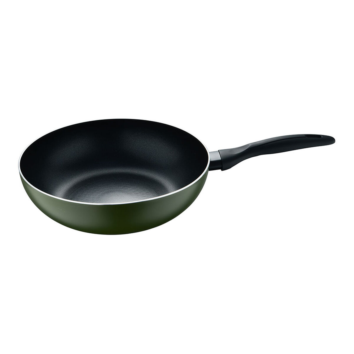 Un wok verde con interior negro y mango negro. El wok está sobre fondo blanco, bien iluminado, sin otros objetos.