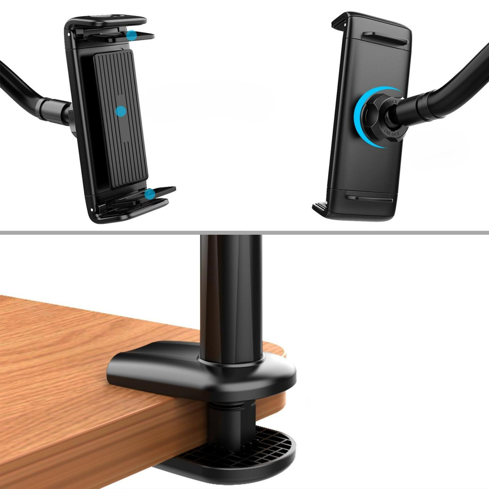 Schwarzer Telefonhalter. Teile: Telefongriff, flexibler Arm und Tischklemme. Halterung ist an einem Holztisch befestigt.