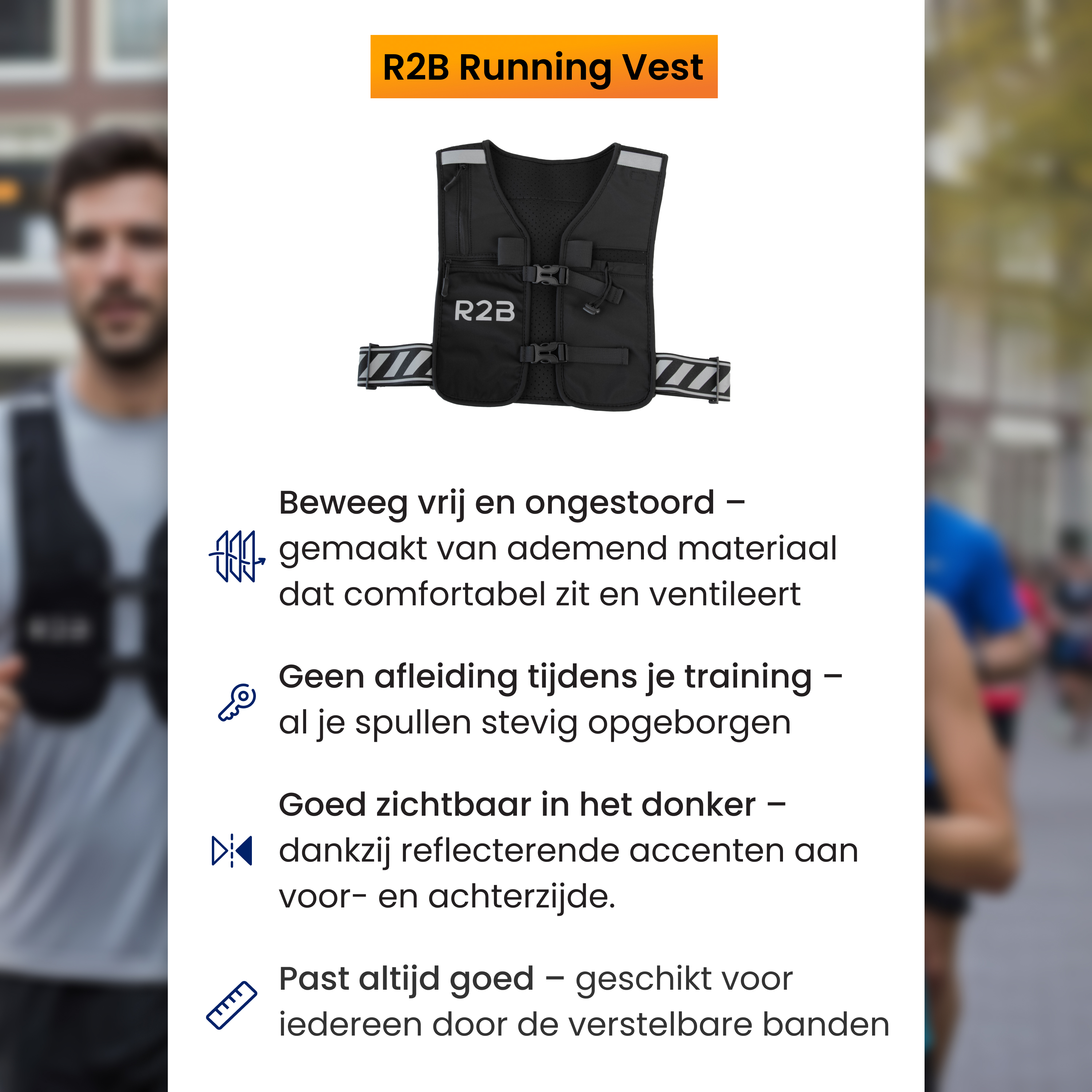 Gilet de course noir avec bandes réfléchissantes, porté par un coureur. Texte : R2B Running Vest.
