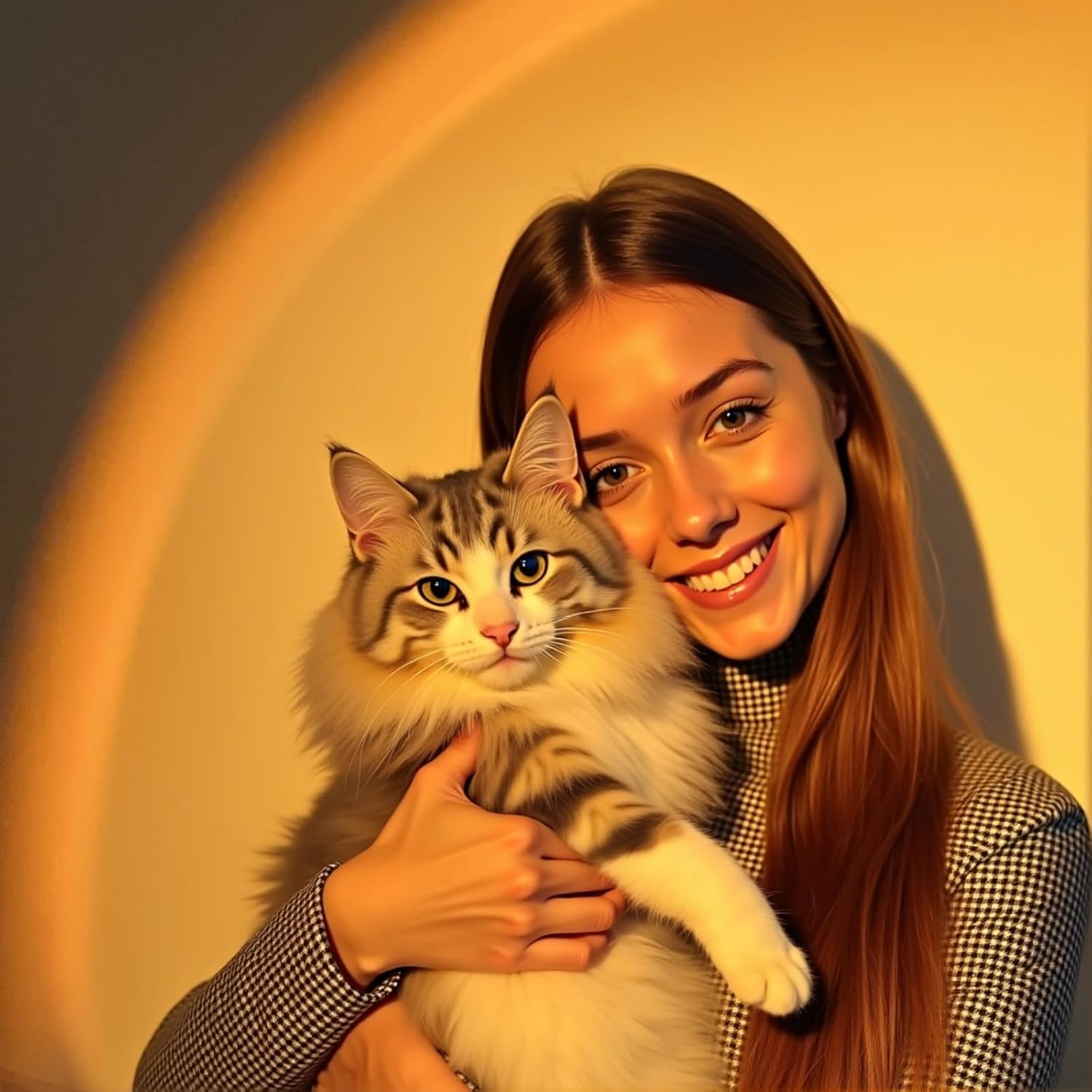 Eine lächelnde Frau hält eine flauschige Katze. Die Katze hat grau-weißes Fell. Die Frau trägt ein kariertes Hemd und einen Rollkragen.