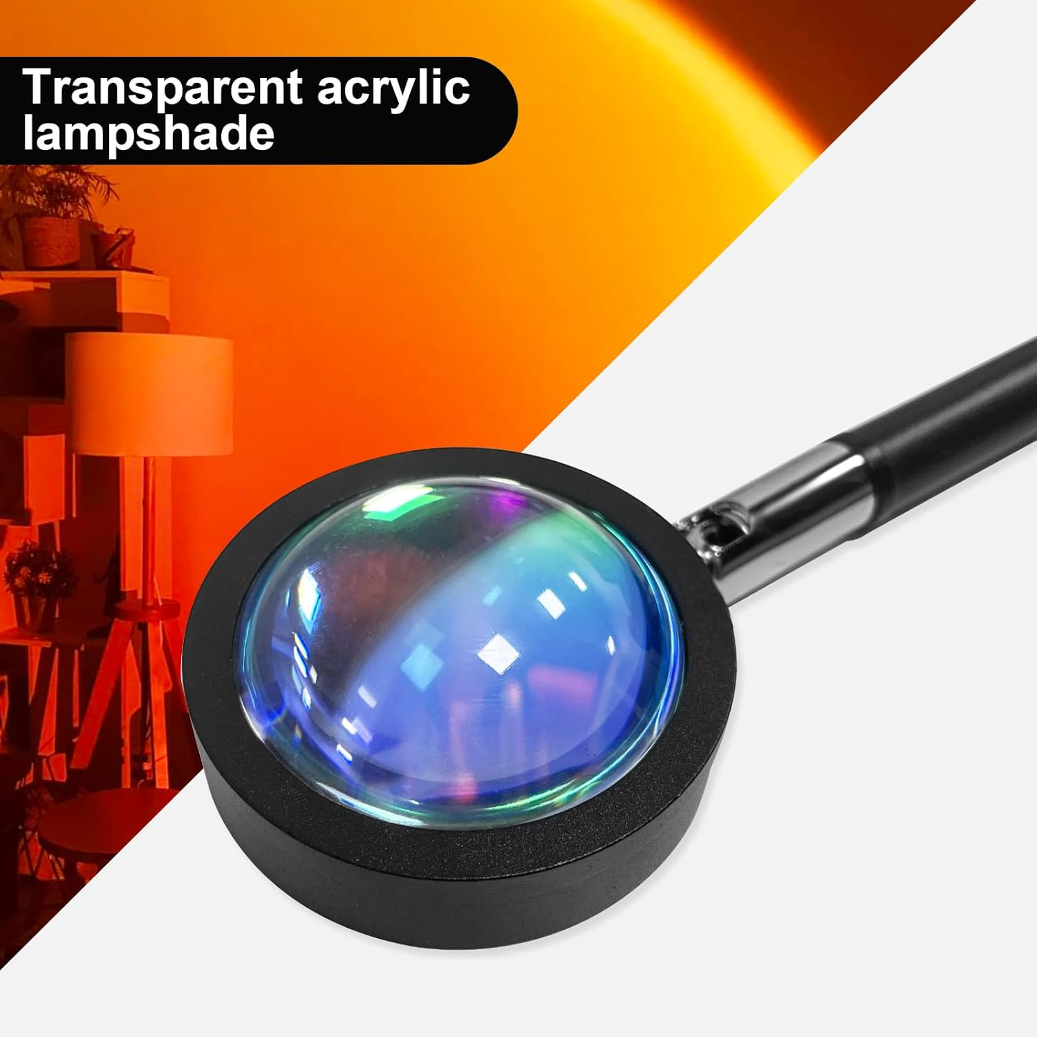 Ein transparenter Acryl-Lampenschirm mit schwarzem Rahmen wird gehalten. Der Hintergrund ist orange und weiß. Eine orangefarbene Lampe ist sichtbar.