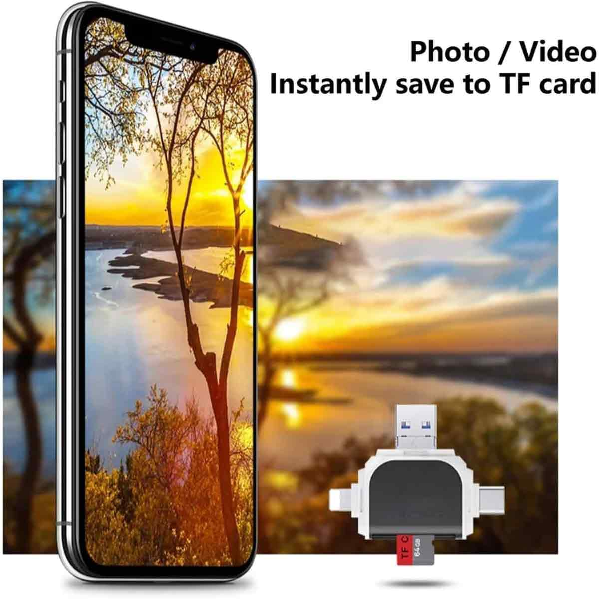 Telefon zeigt Sonnenuntergang über Wasser. Ein TF-Kartenleser und eine Karte werden gezeigt. Text: Foto/Video. Sofort auf TF-Karte speichern.