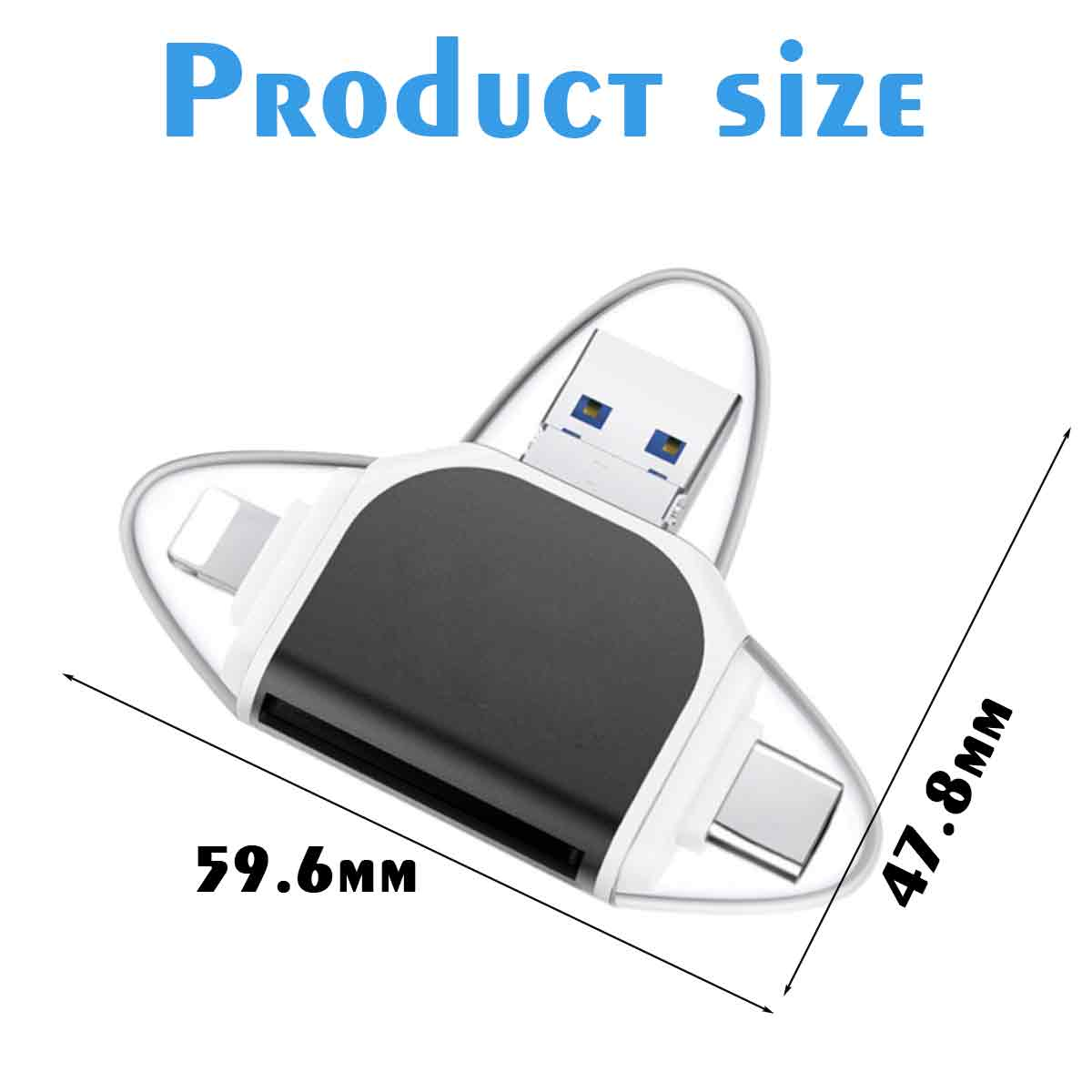 Ein weißes und schwarzes USB-Gerät mit den Maßen 59,6 mm und 47,8 mm. Der Text oben lautet 'Produktgröße'.
