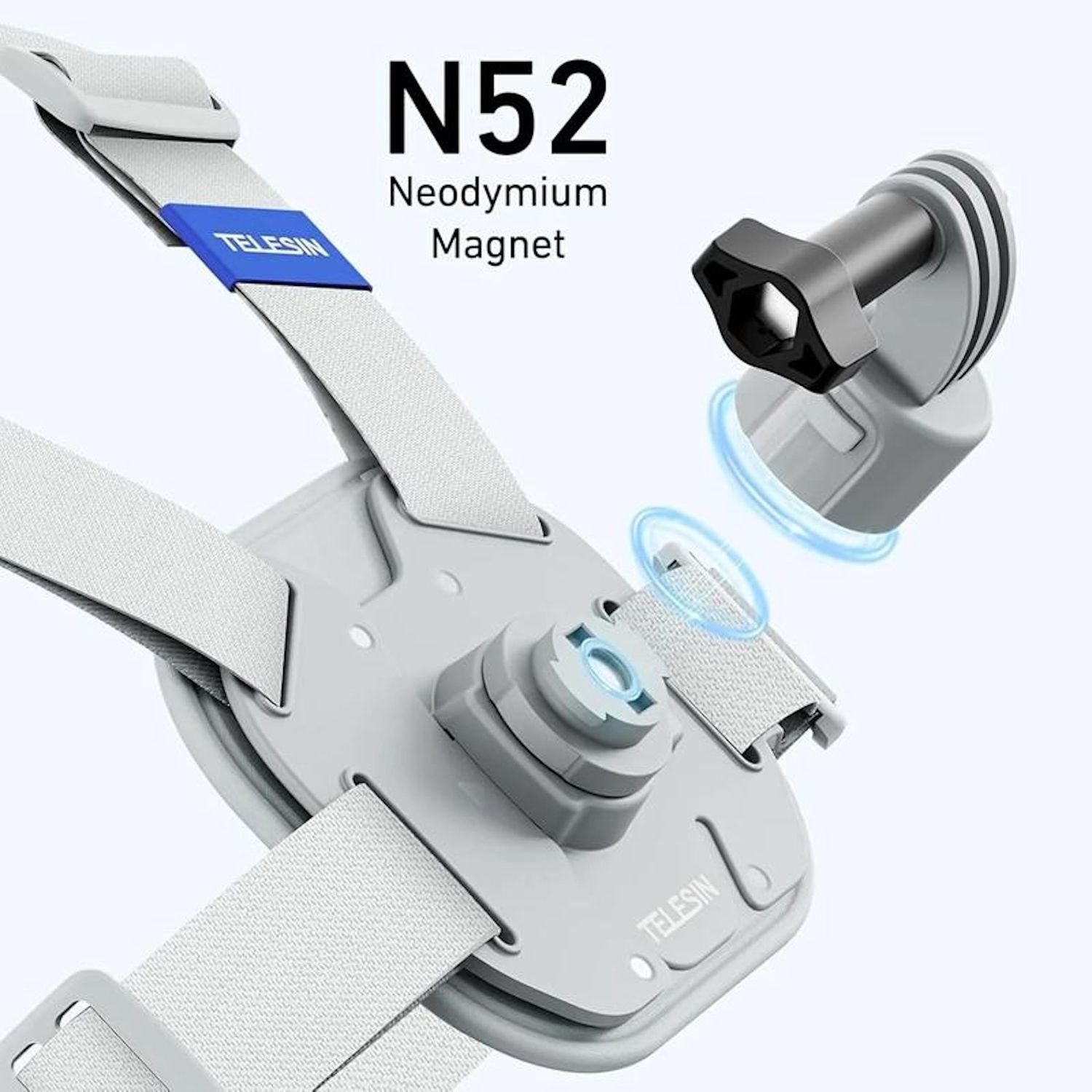 Ein weißer Brustgurt mit 'TELESIN'-Branding und einer Magnetbefestigung mit einem schwarzen Knopf. Text 'N52 Neodym-Magnet' sichtbar.